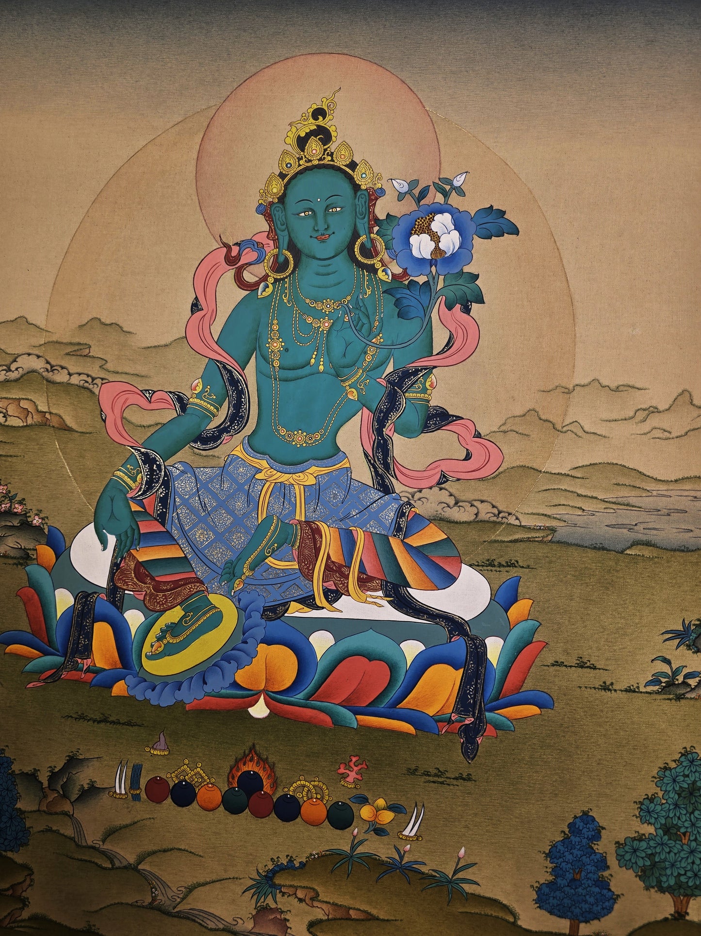 Green Tara Thangka – Hand-Painted Tibetan Artwork in Karma Gadri Style