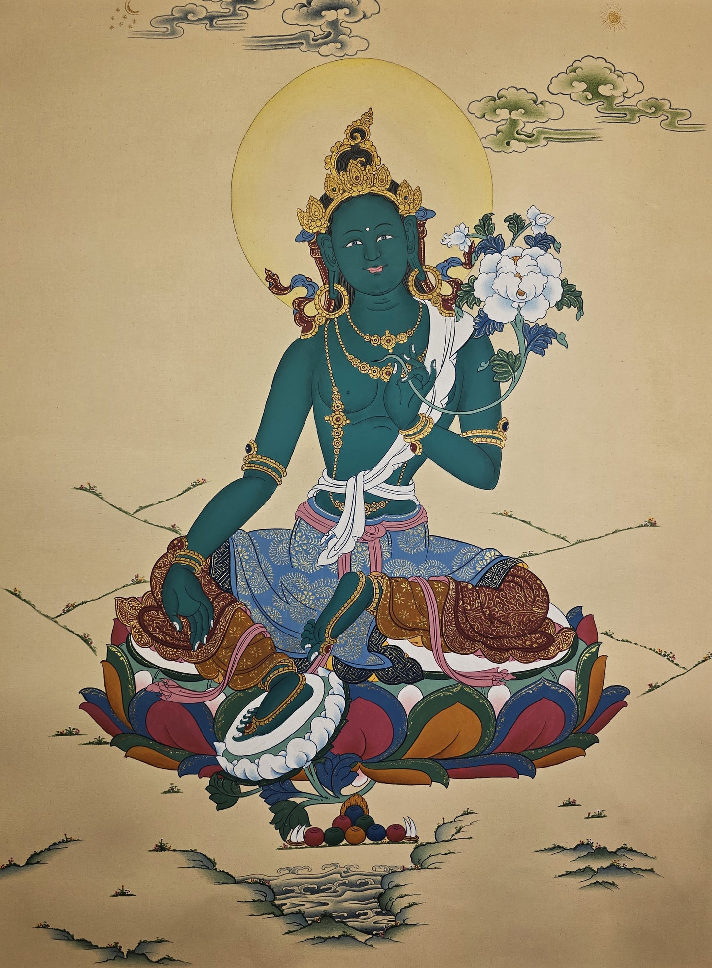 Green Tara Thangka – Hand-Painted Tibetan Artwork in Karma Gadri Style