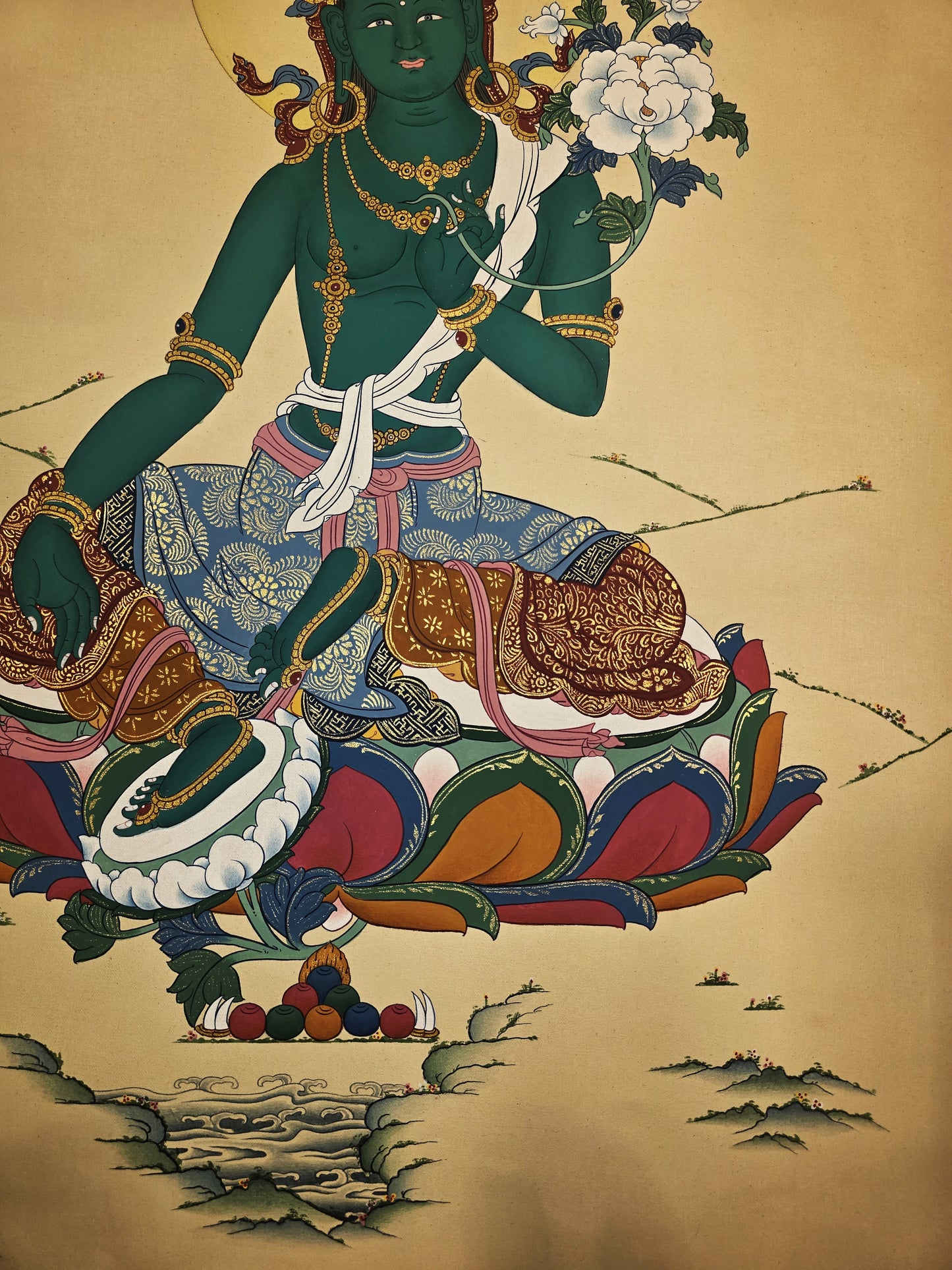 Green Tara Thangka – Hand-Painted Tibetan Artwork in Karma Gadri Style