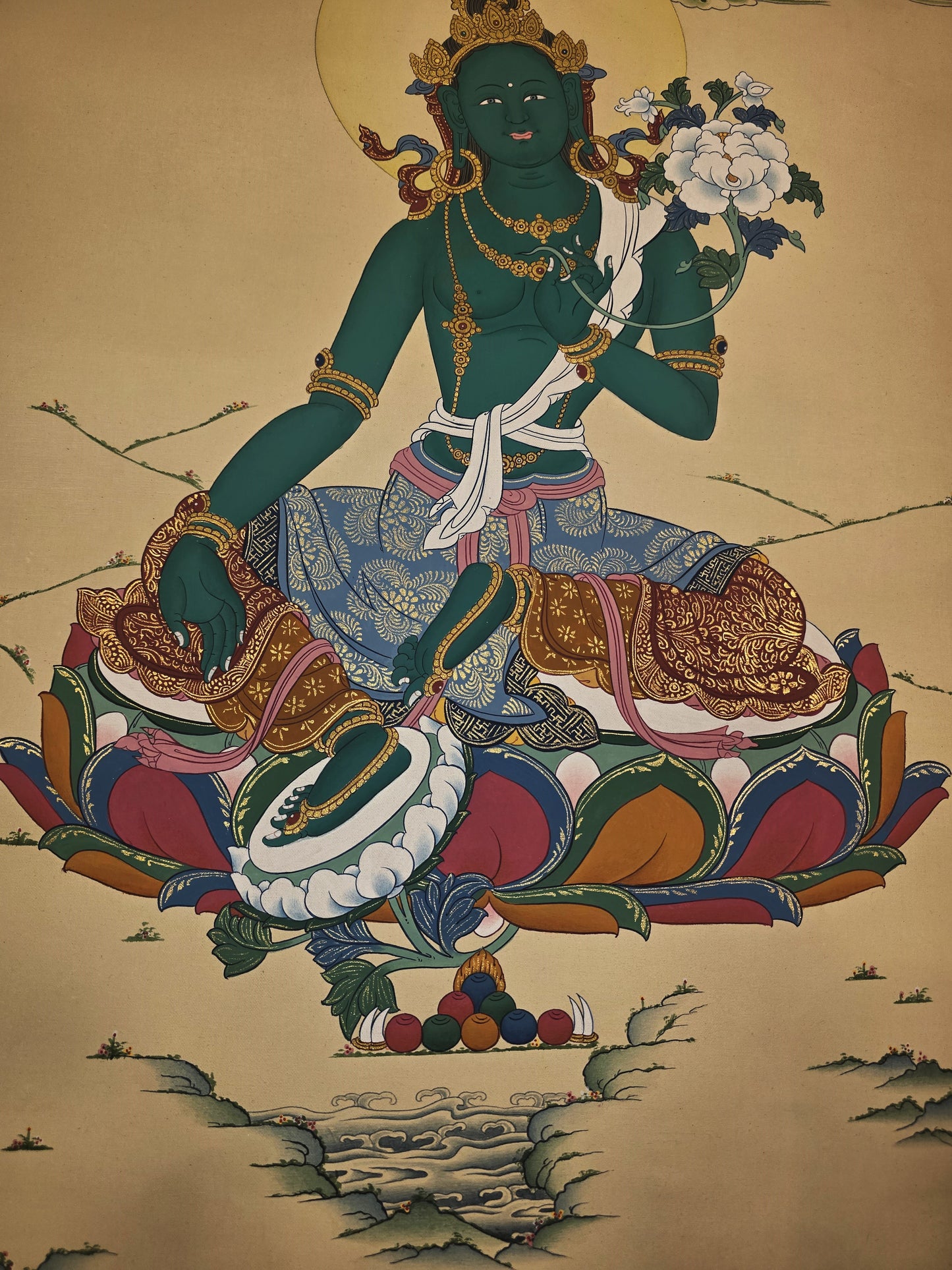 Green Tara Thangka – Hand-Painted Tibetan Artwork in Karma Gadri Style