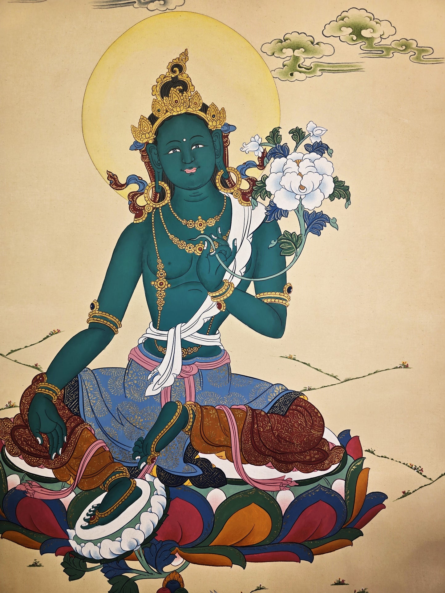 Green Tara Thangka – Hand-Painted Tibetan Artwork in Karma Gadri Style