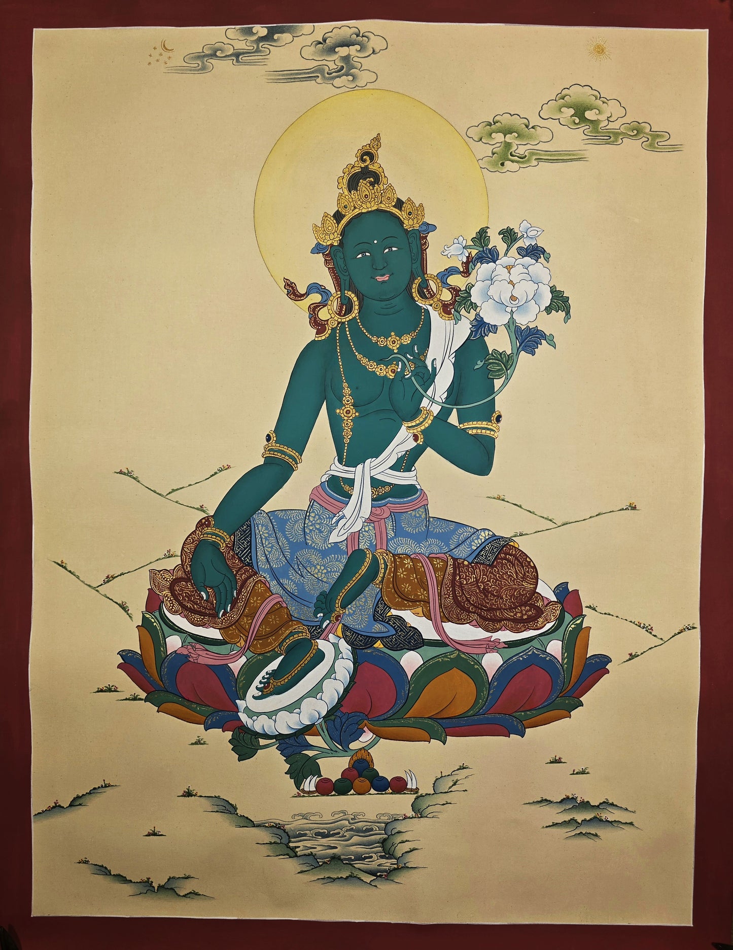 Green Tara Thangka – Hand-Painted Tibetan Artwork in Karma Gadri Style