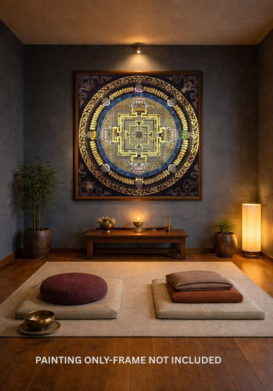 Hand-Painted Kalachakra Mandala Thangka, Black and Gold Wheel of Life