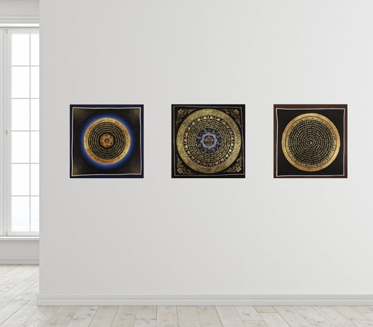 OM MANTRA MANDALA – Set of 3 Hand-Painted Tibetan Thangkas