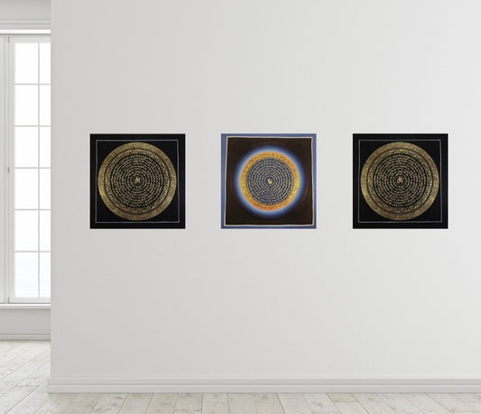 OM MANTRA MANDALA – Set of 3 Hand-Painted Tibetan Thangkas