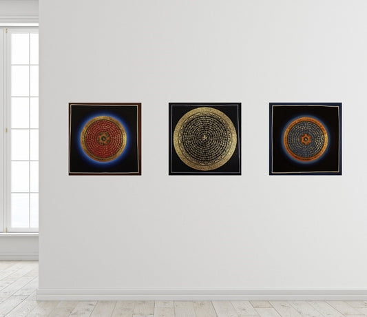OM MANTRA MANDALA – Set of 3 Hand-Painted Tibetan Thangkas