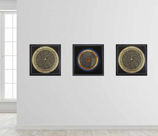 OM MANTRA MANDALA – Set of 3 Hand-Painted Tibetan Thangkas