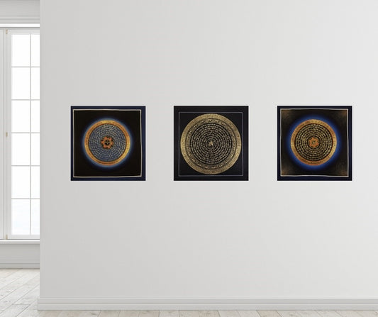 OM MANTRA MANDALA – Set of 3 Hand-Painted Tibetan Thangkas
