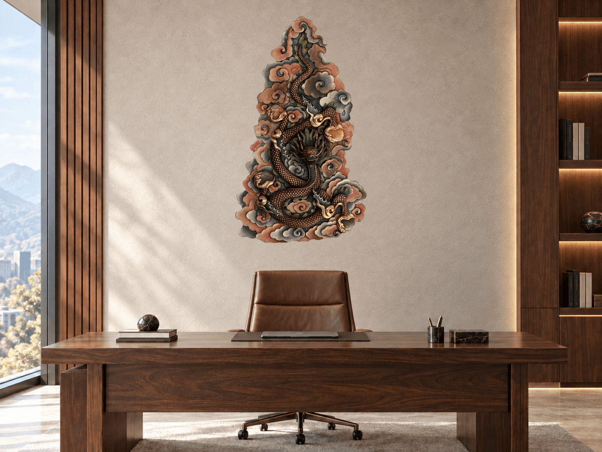 Handcrafted Copper Dragon Wall Hanging Gold-Plated Himalayan Feng Shui Art – Large Statement Piece