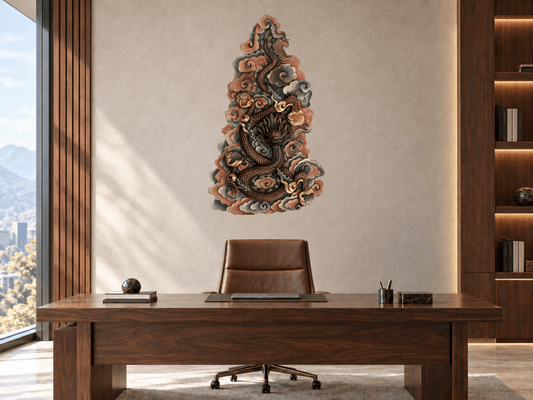 Handcrafted Copper Dragon Wall Hanging Gold-Plated Himalayan Feng Shui Art – Large Statement Piece