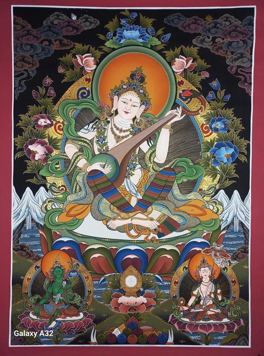 Hand-Painted Masterpiece Saraswati Thangka Painting – Hindu Goddess Art, Cotton Canvas (Copy)