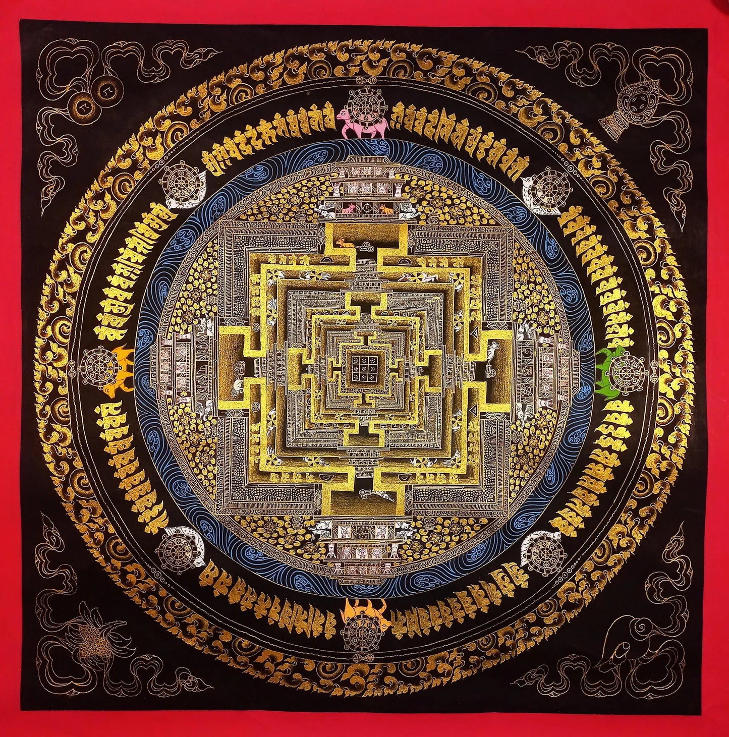 Hand-Painted Kalachakra Mandala Thangka, Black and Gold Wheel of Life
