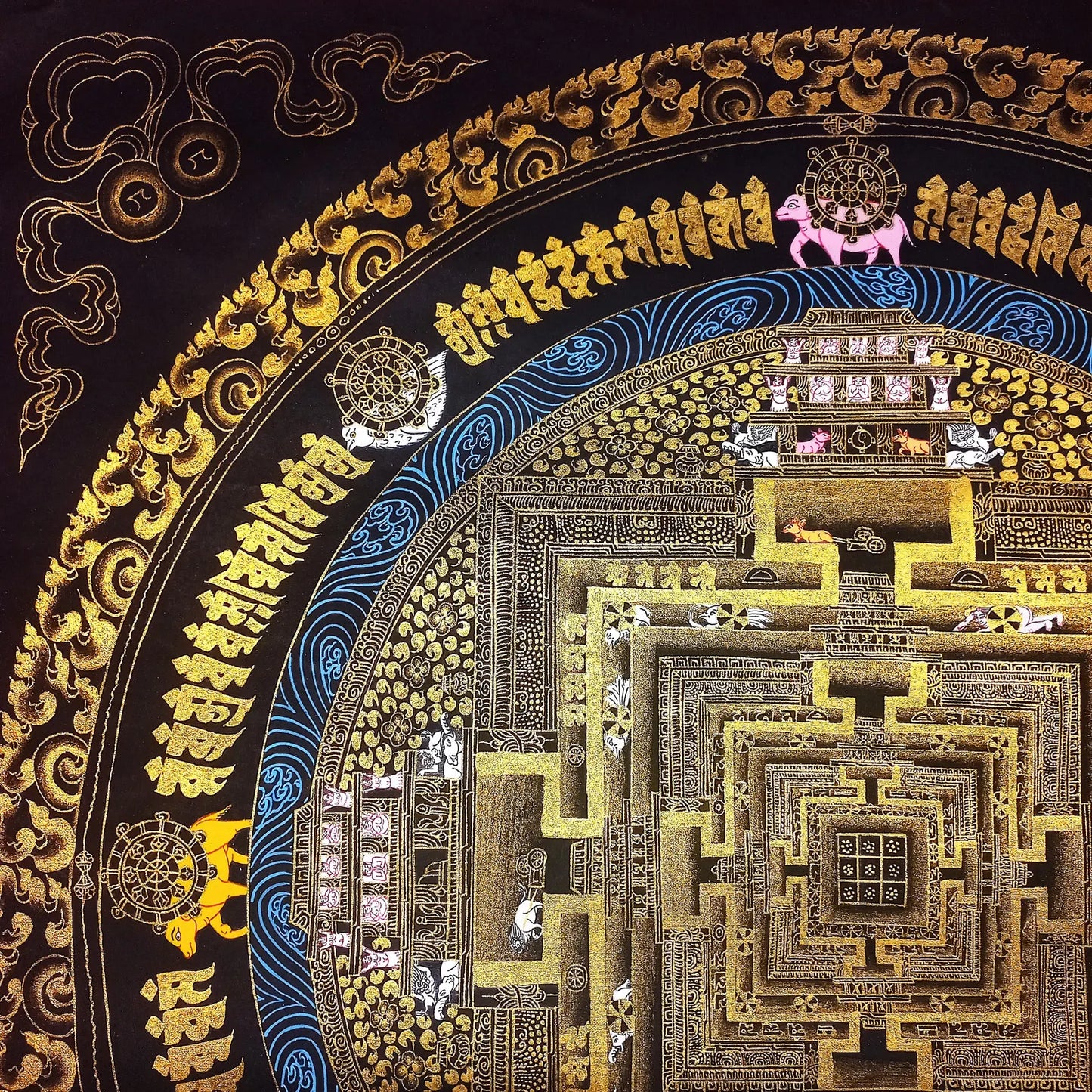 Hand-Painted Kalachakra Mandala Thangka, Black and Gold Wheel of Life