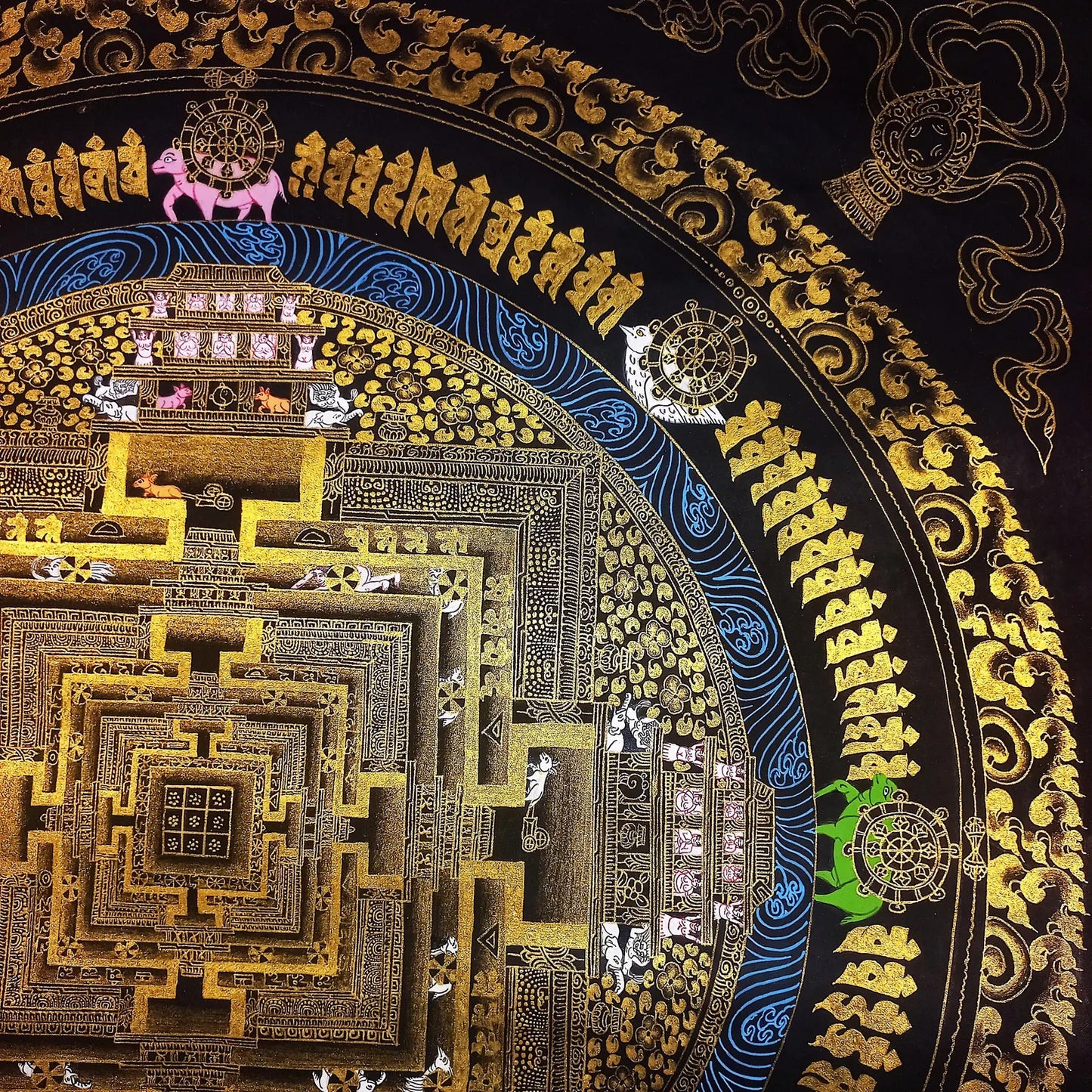 Hand-Painted Kalachakra Mandala Thangka, Black and Gold Wheel of Life