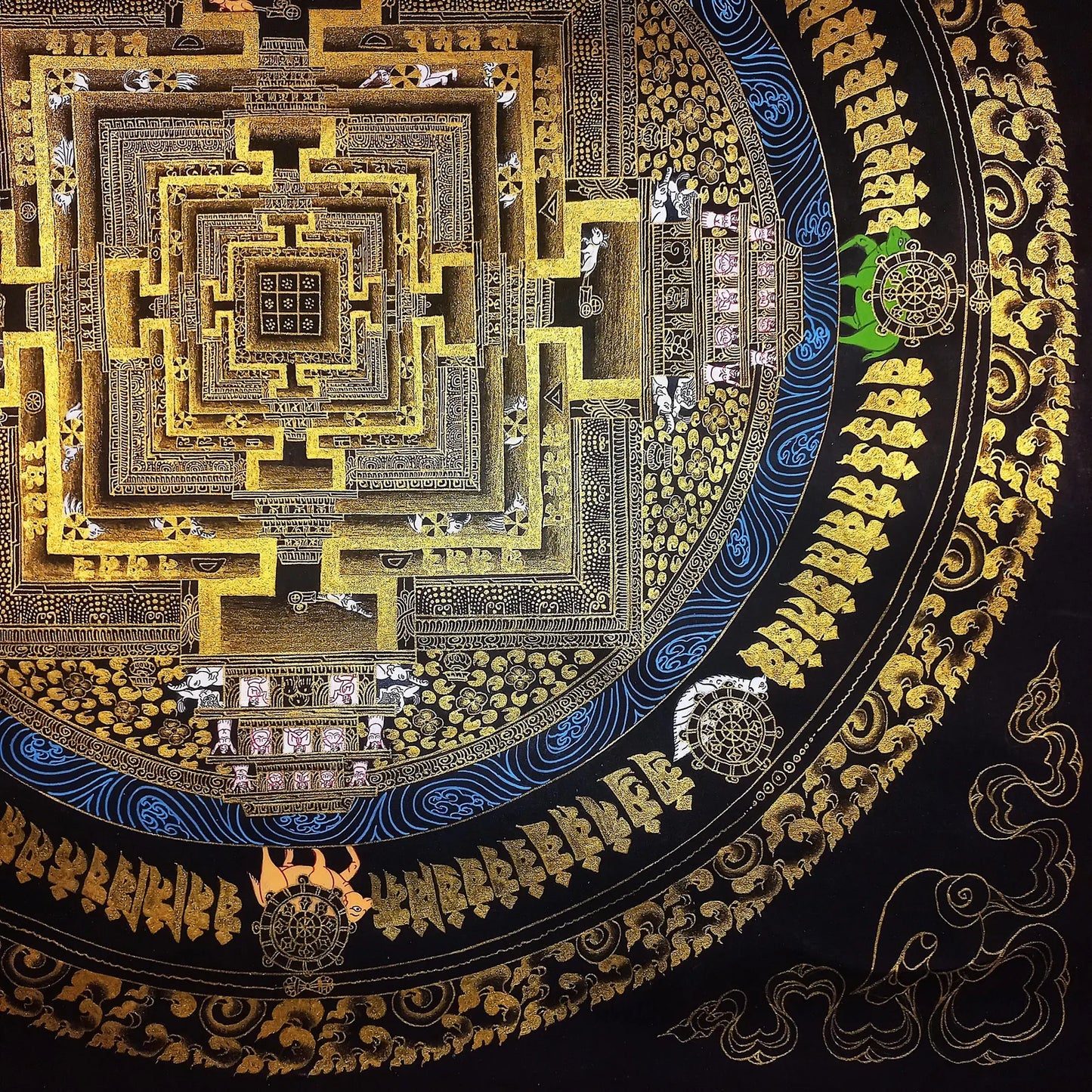 Hand-Painted Kalachakra Mandala Thangka, Black and Gold Wheel of Life