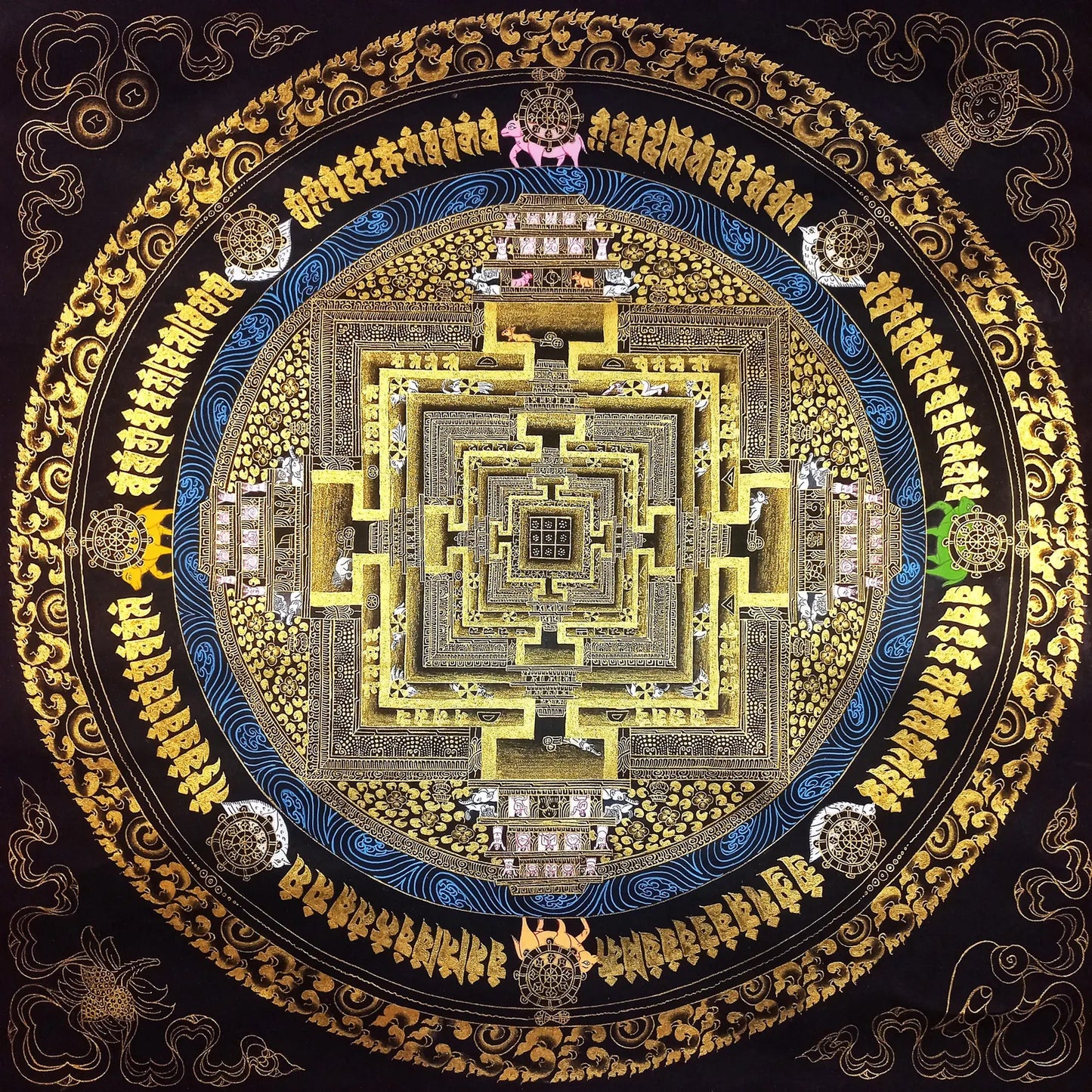 Hand-Painted Kalachakra Mandala Thangka, Black and Gold Wheel of Life