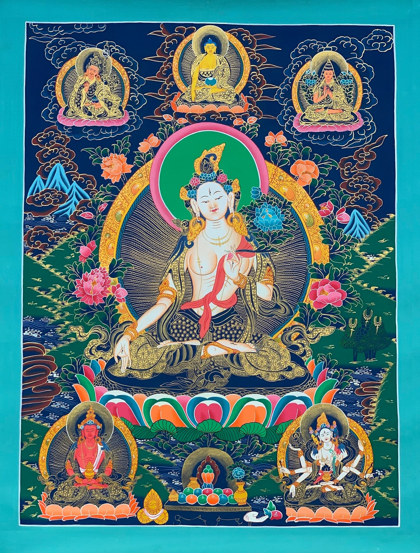 Hand-painted White Tara, Goddess of Compassion, Tibetan Thangka, Painting Art 22x28-Inch