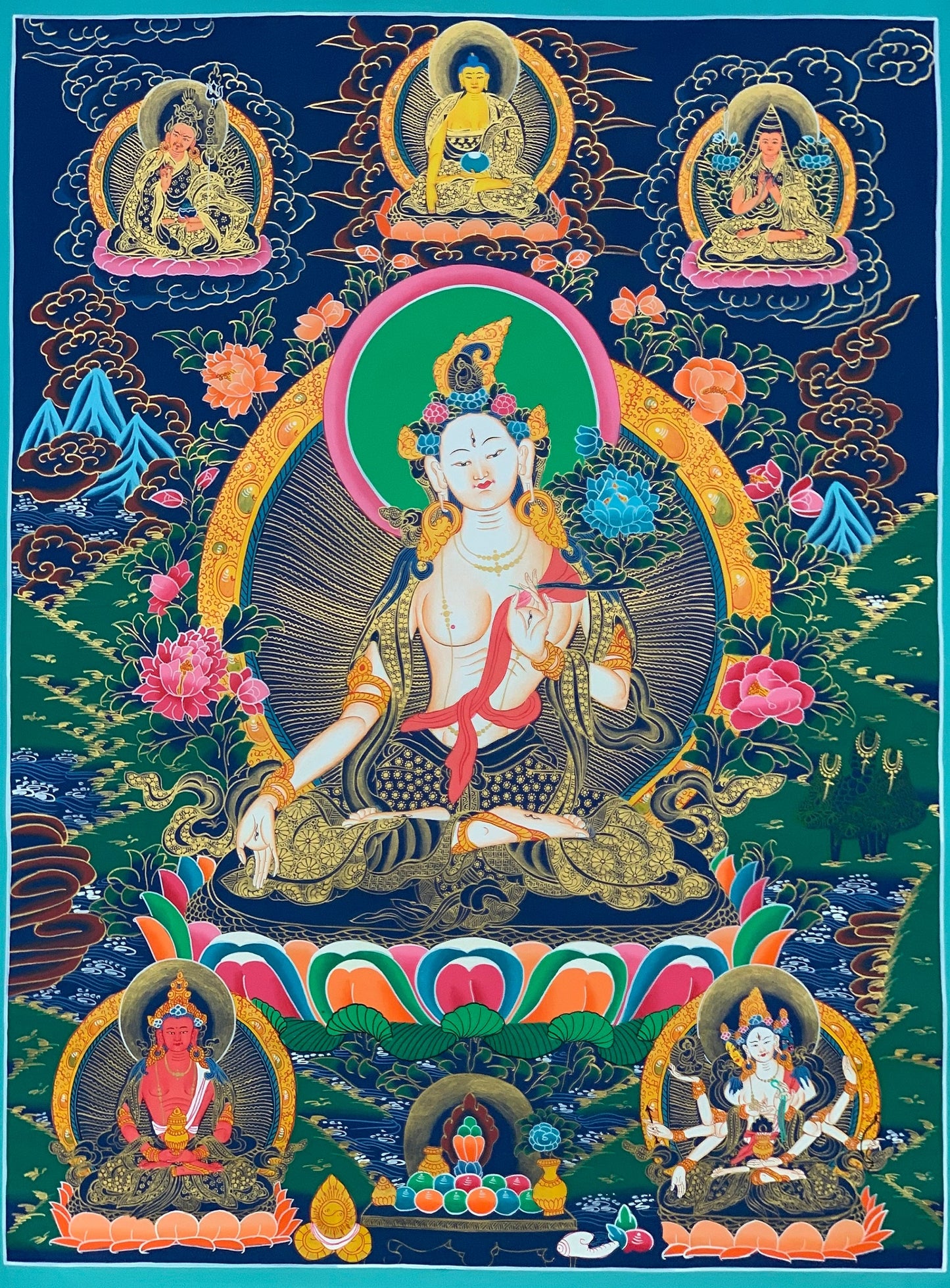 Hand-painted White Tara, Goddess of Compassion, Tibetan Thangka, Painting Art 22x28-Inch