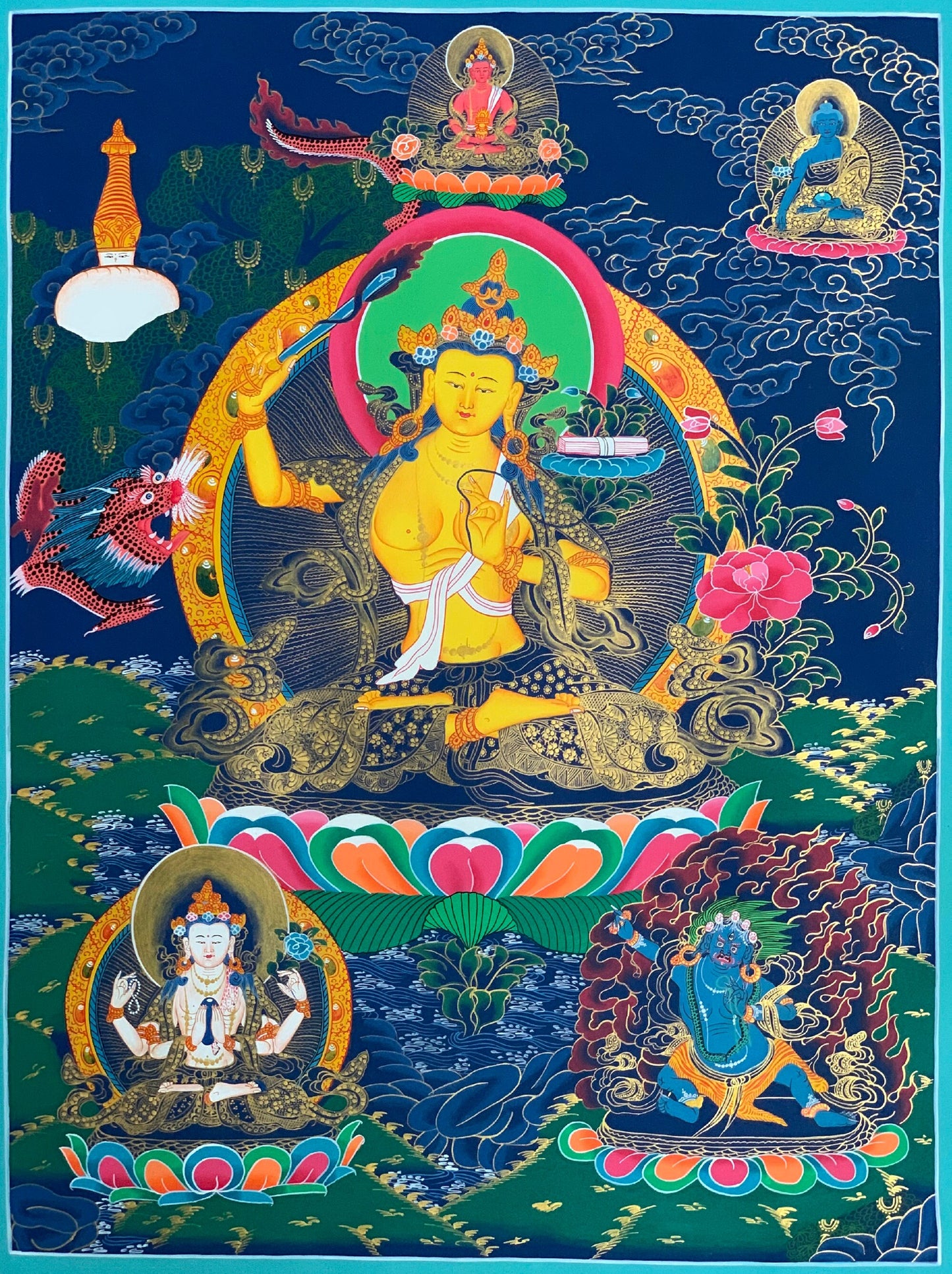 Hand-painted, Manjusri, Manjushree God of Wisdom Tibetan Thangka Art, Painting 21 x 28-inch