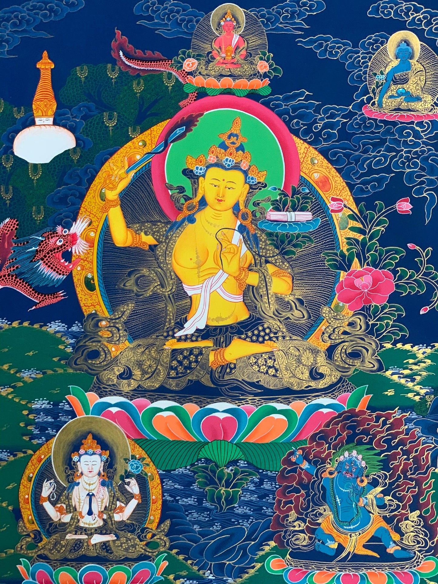 Hand-painted, Manjusri, Manjushree God of Wisdom Tibetan Thangka Art, Painting 21 x 28-inch