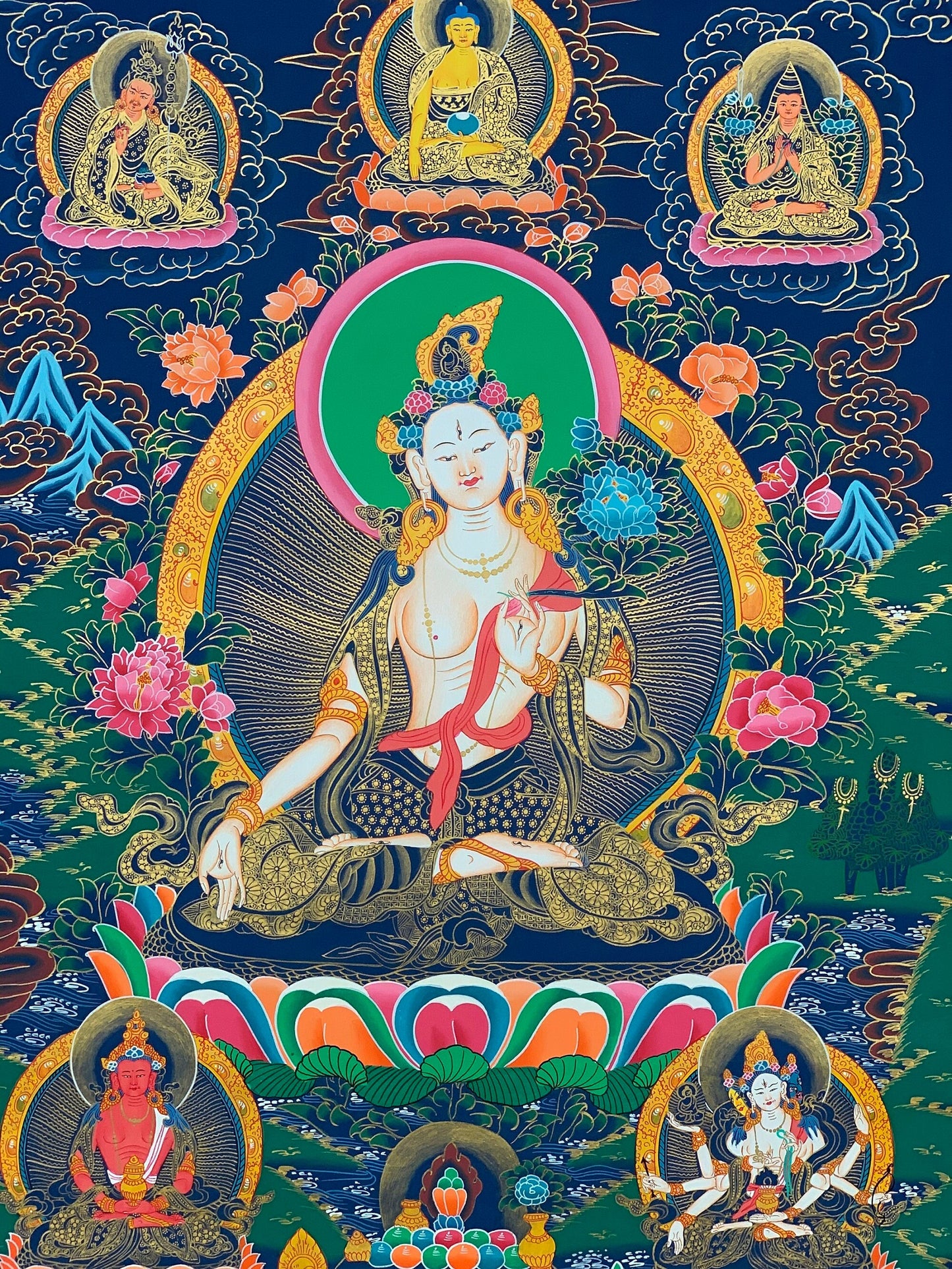 Hand-painted White Tara, Goddess of Compassion, Tibetan Thangka, Painting Art 22x28-Inch