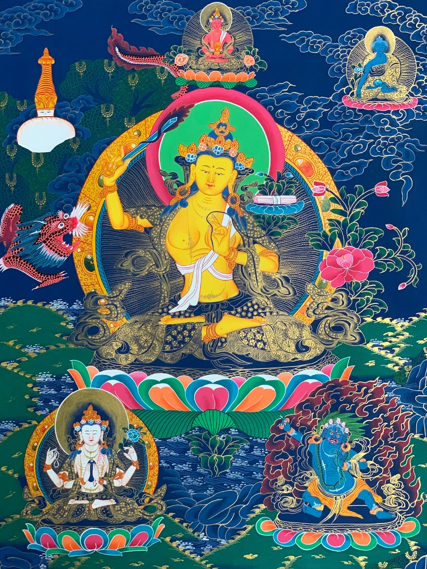 Hand-painted, Manjusri, Manjushree God of Wisdom Tibetan Thangka Art, Painting 21 x 28-inch