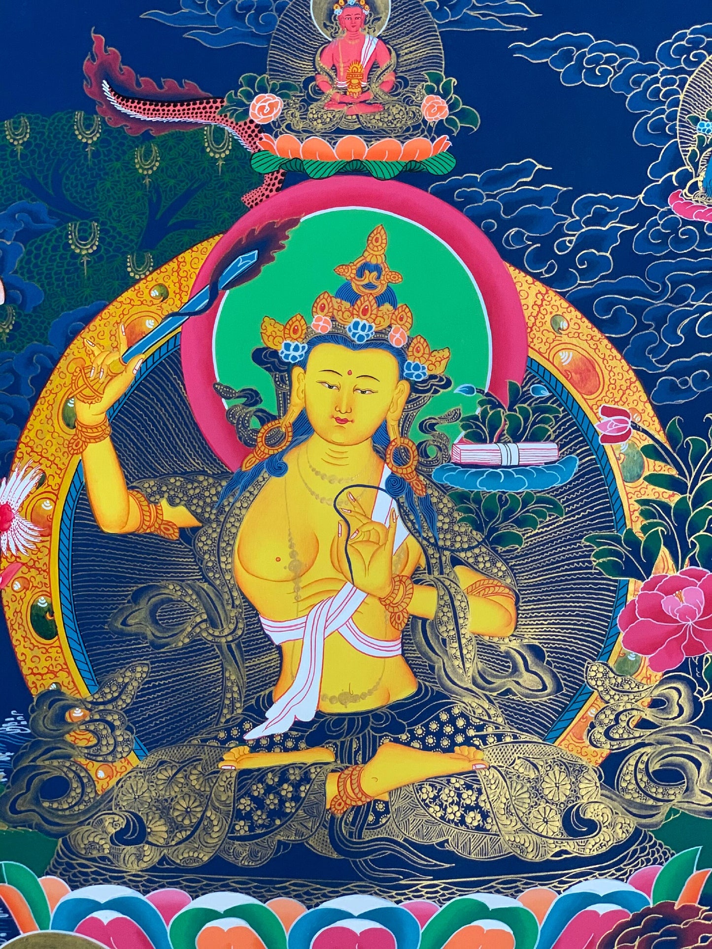 Hand-painted, Manjusri, Manjushree God of Wisdom Tibetan Thangka Art, Painting 21 x 28-inch