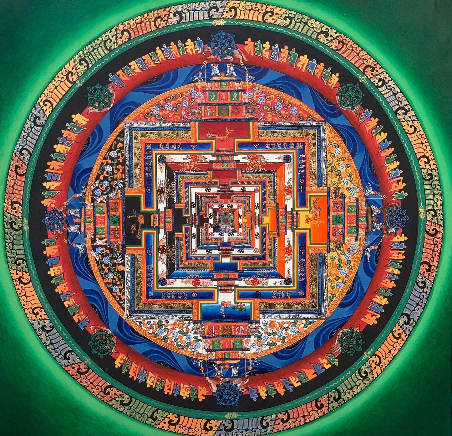 Original Hand-Painted Master Quality Green Kalachakra Mandala: Wheel of Time Thangka Painting/Meditation Art