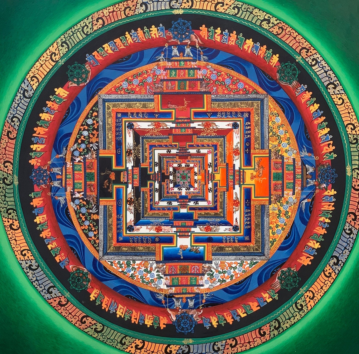 Original Hand-Painted Master Quality Green Kalachakra Mandala: Wheel of Time Thangka Painting/Meditation Art