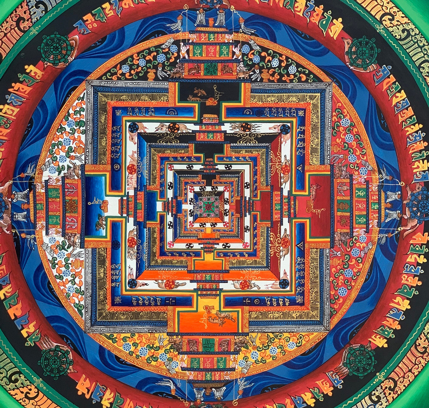 Original Hand-Painted Master Quality Green Kalachakra Mandala: Wheel of Time Thangka Painting/Meditation Art