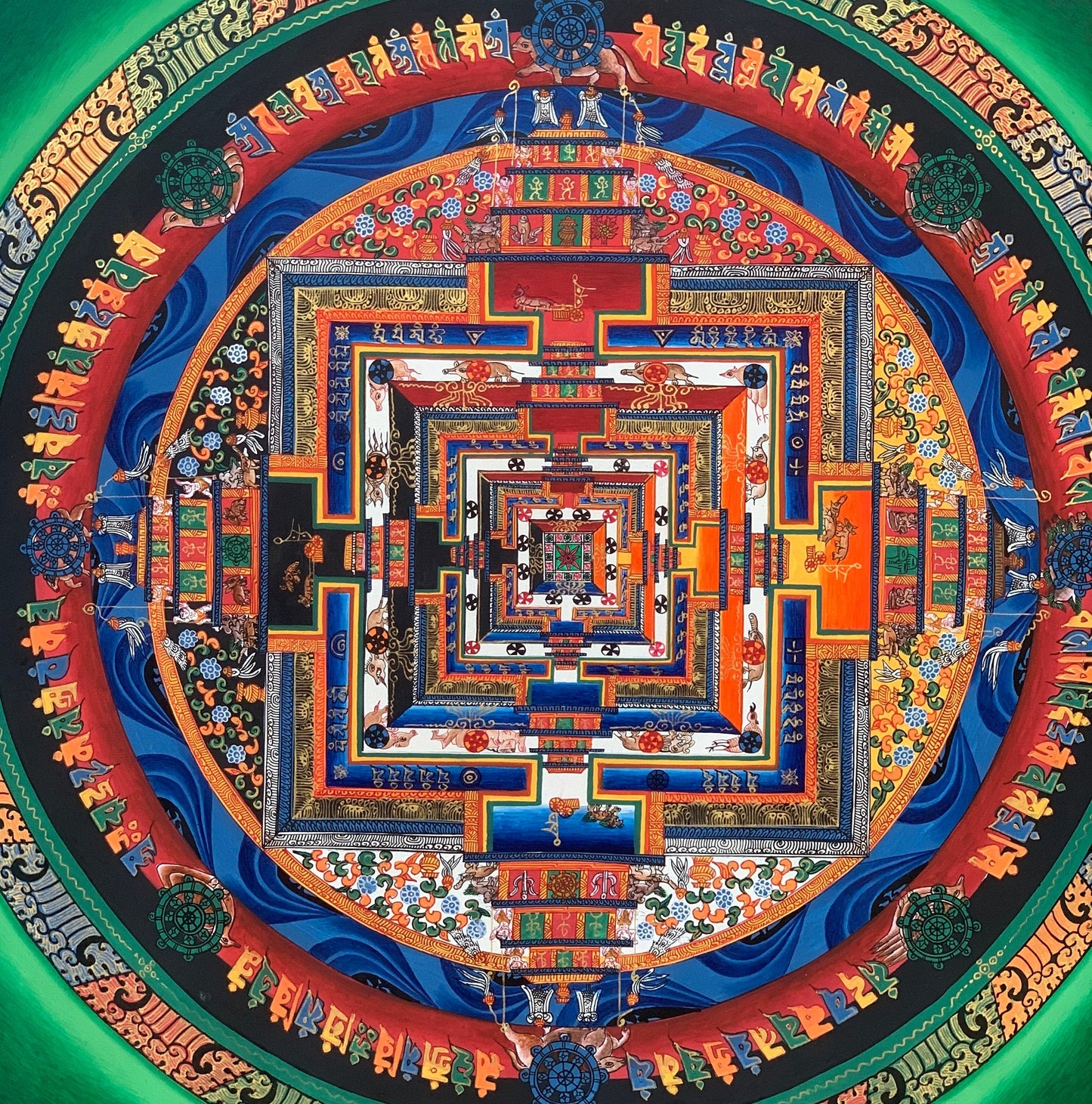 Original Hand-Painted Master Quality Green Kalachakra Mandala: Wheel of Time Thangka Painting/Meditation Art