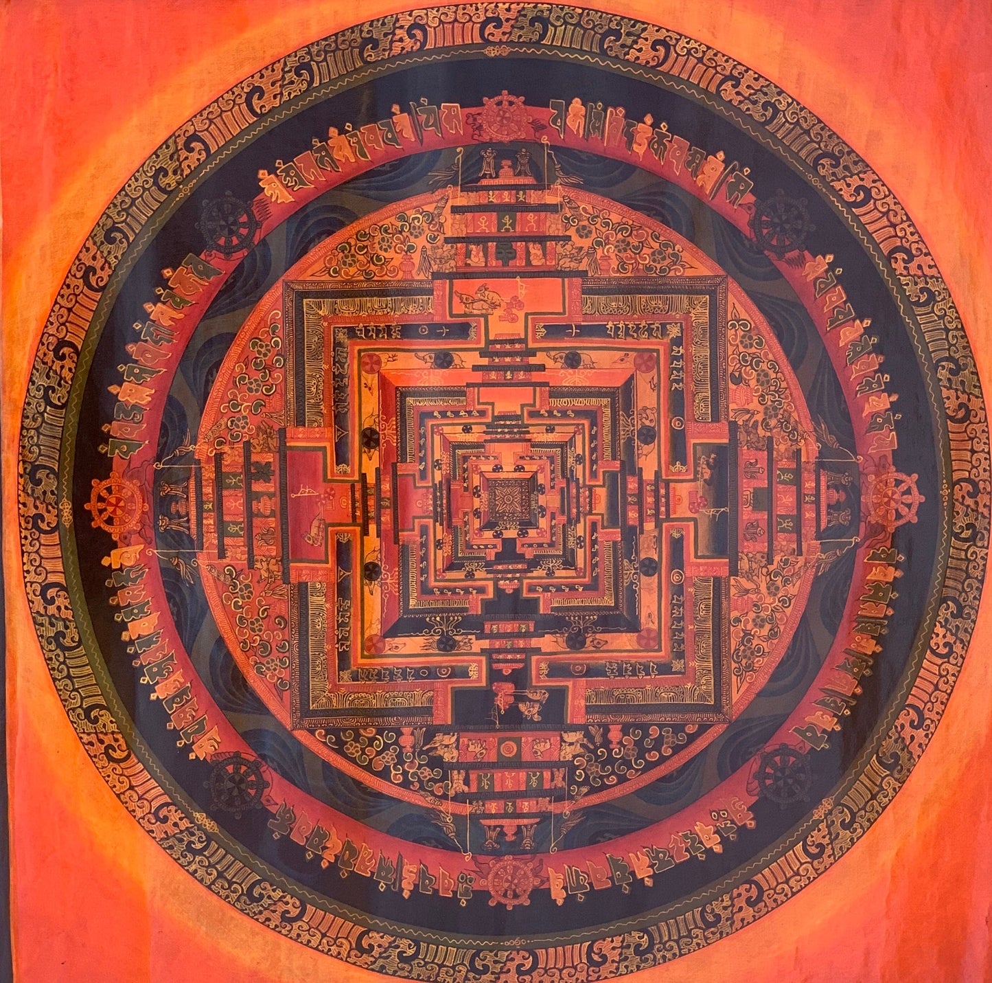 Gurkha Nepal Hand-painted Kalachakra Mandala Tibetan Thangka, Oil Varnished  21x21-Inch