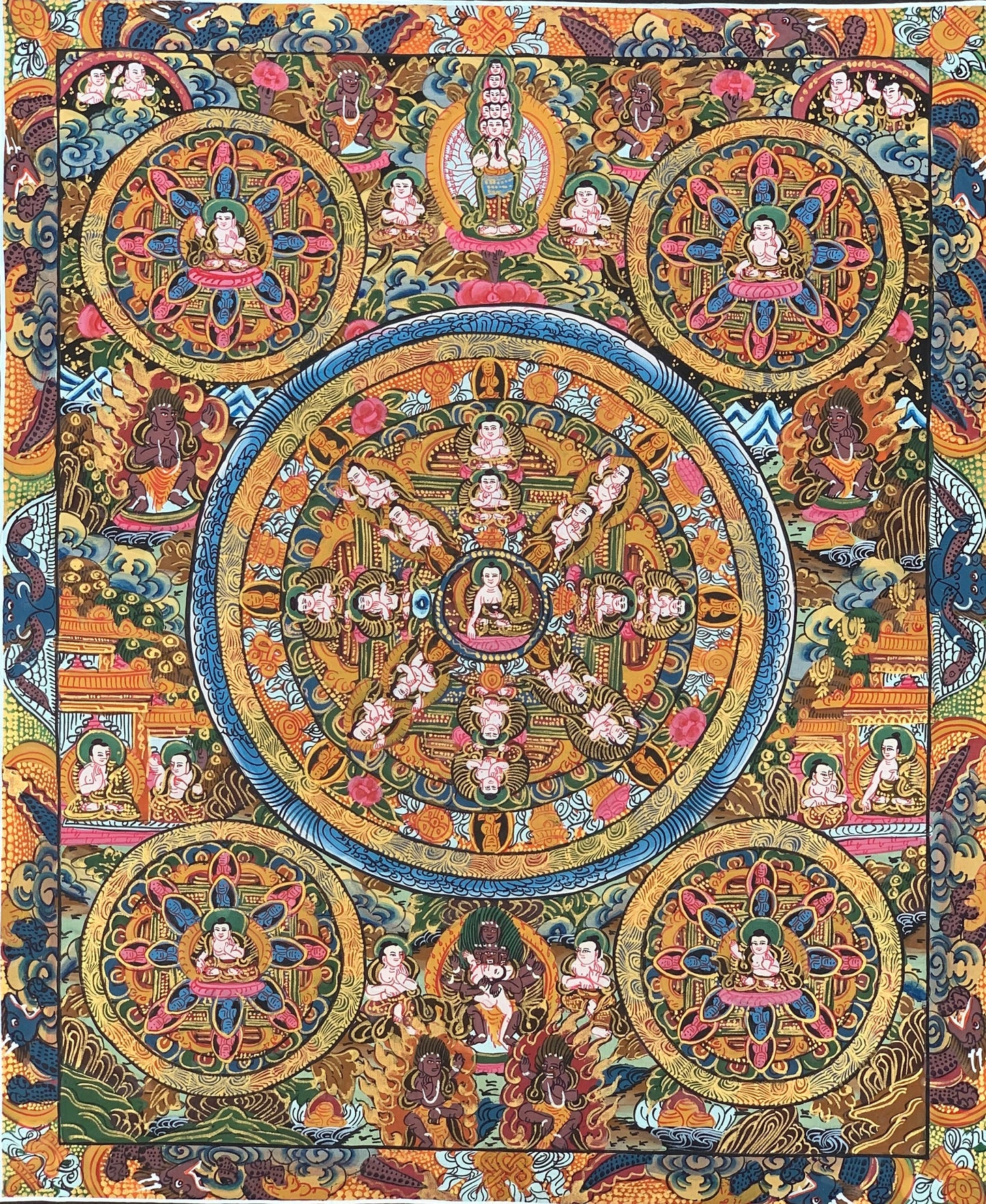 Original Hand Painted Pancha Buddha Mandala / Buddha Life Mandala Masterpiece Tibetan Meditation compassion thangka/thanka painting