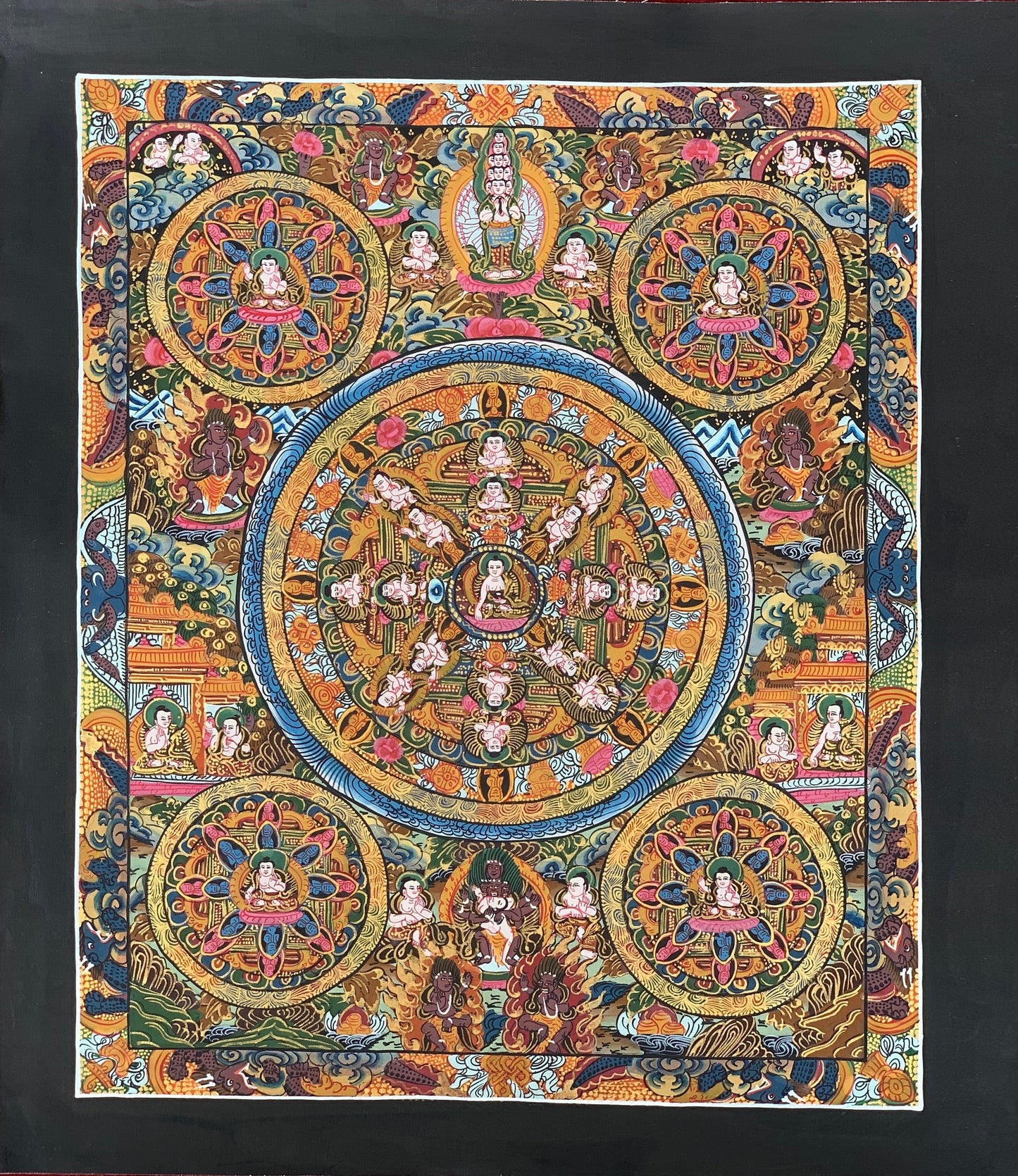 Original Hand Painted Pancha Buddha Mandala / Buddha Life Mandala Masterpiece Tibetan Meditation compassion thangka/thanka painting