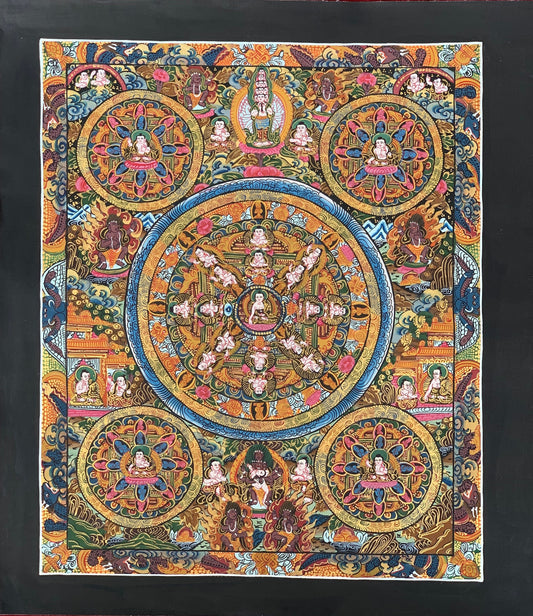 Original Hand Painted Pancha Buddha Mandala / Buddha Life Mandala Masterpiece Tibetan Meditation compassion thangka/thanka painting