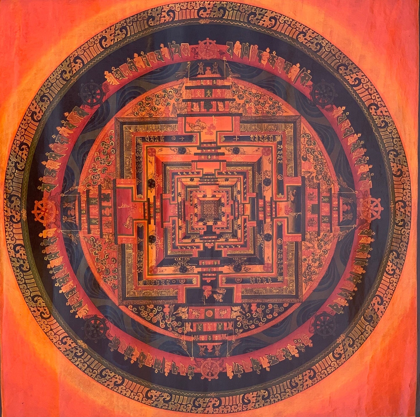 Gurkha Nepal Hand-painted Kalachakra Mandala Tibetan Thangka, Oil Varnished  21x21-Inch