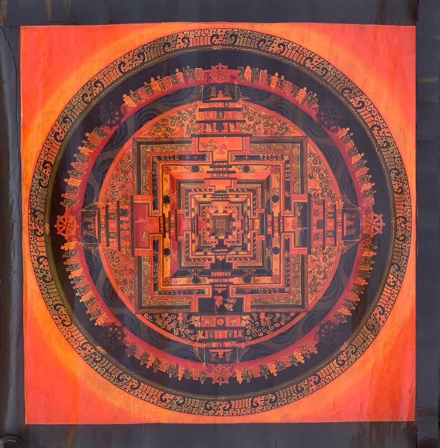 Gurkha Nepal Hand-painted Kalachakra Mandala Tibetan Thangka, Oil Varnished  21x21-Inch