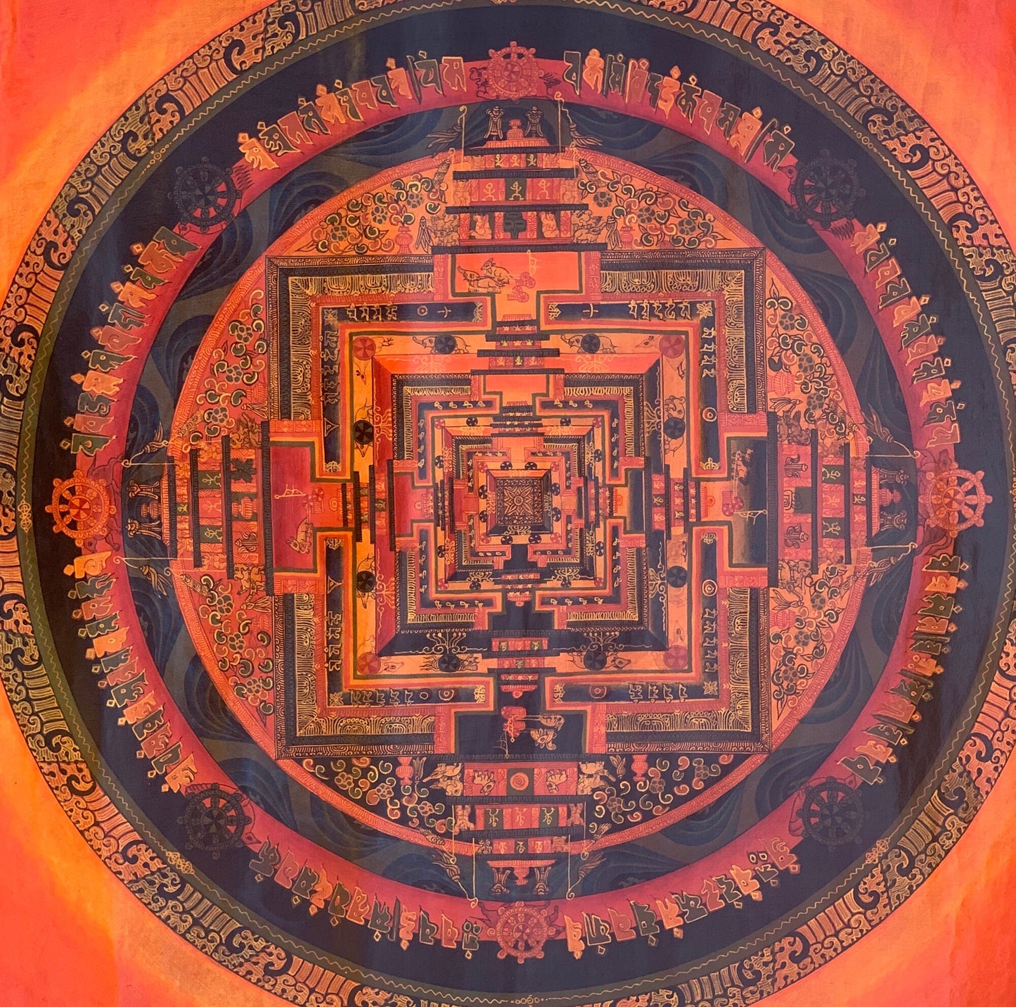 Gurkha Nepal Hand-painted Kalachakra Mandala Tibetan Thangka, Oil Varnished  21x21-Inch