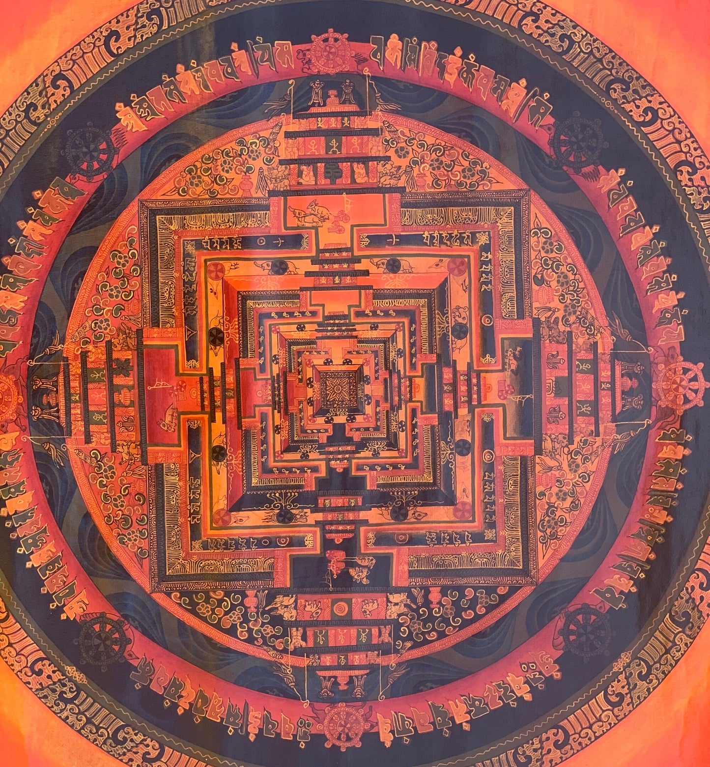 Gurkha Nepal Hand-painted Kalachakra Mandala Tibetan Thangka, Oil Varnished  21x21-Inch