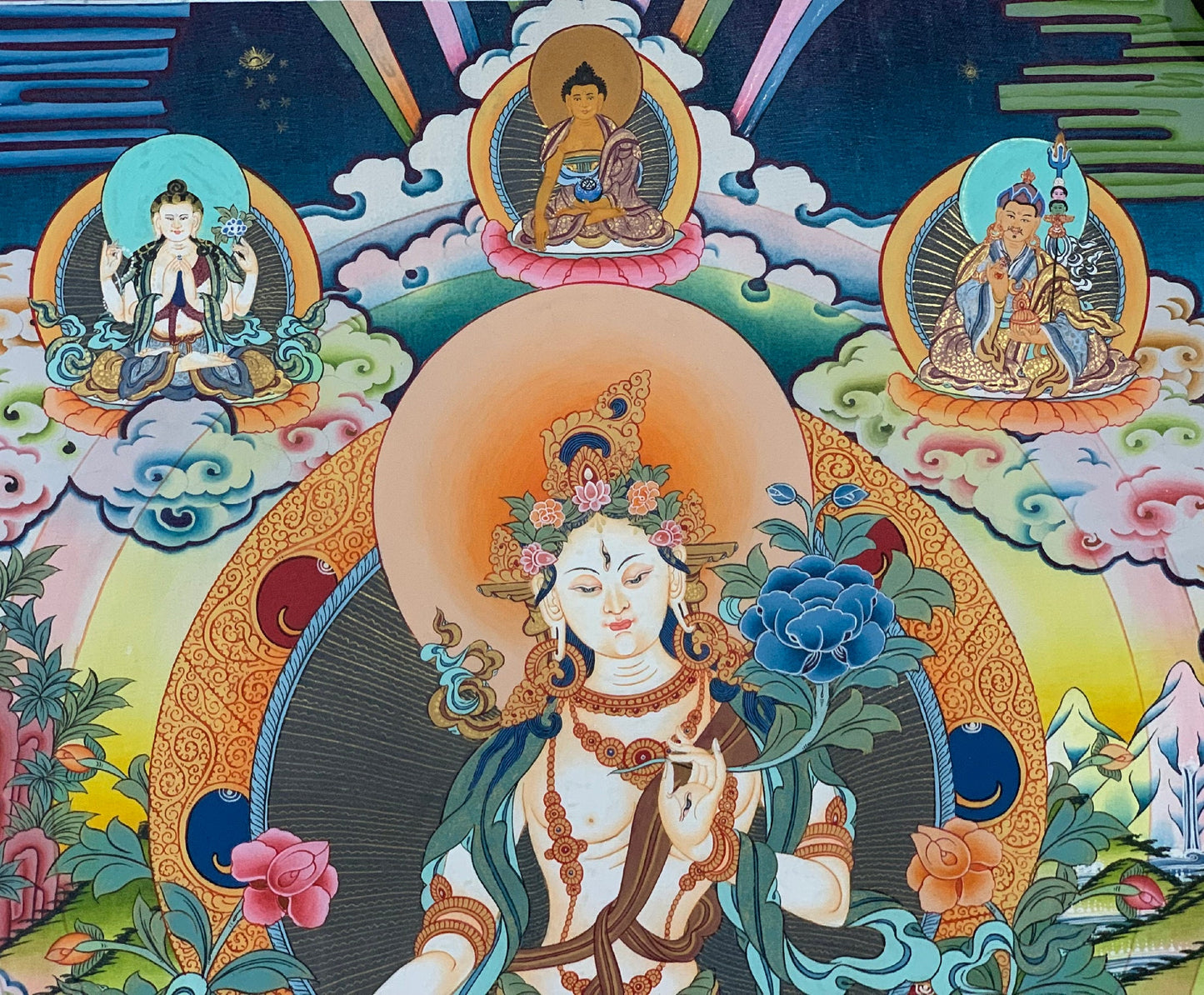 Hand-Painted , White Tara, Mother Goddesses, Rare, Masterpiece, Gold Thangka Painting with premium Silk Brocade