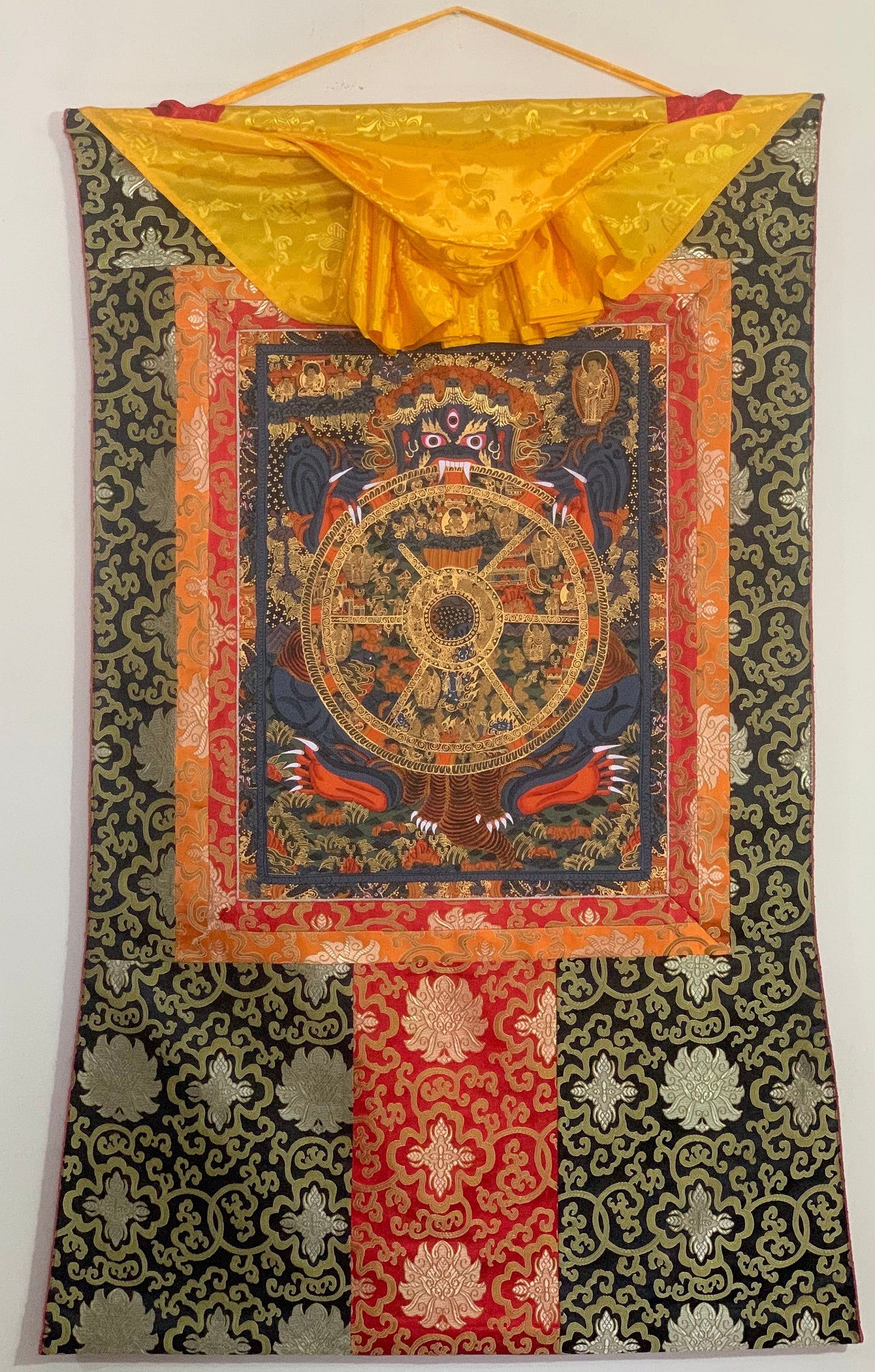 Hand-painted Bhavachakra Mandala, the Buddha Life,  Tibetan Thangka Painting,  with Silk Brocade