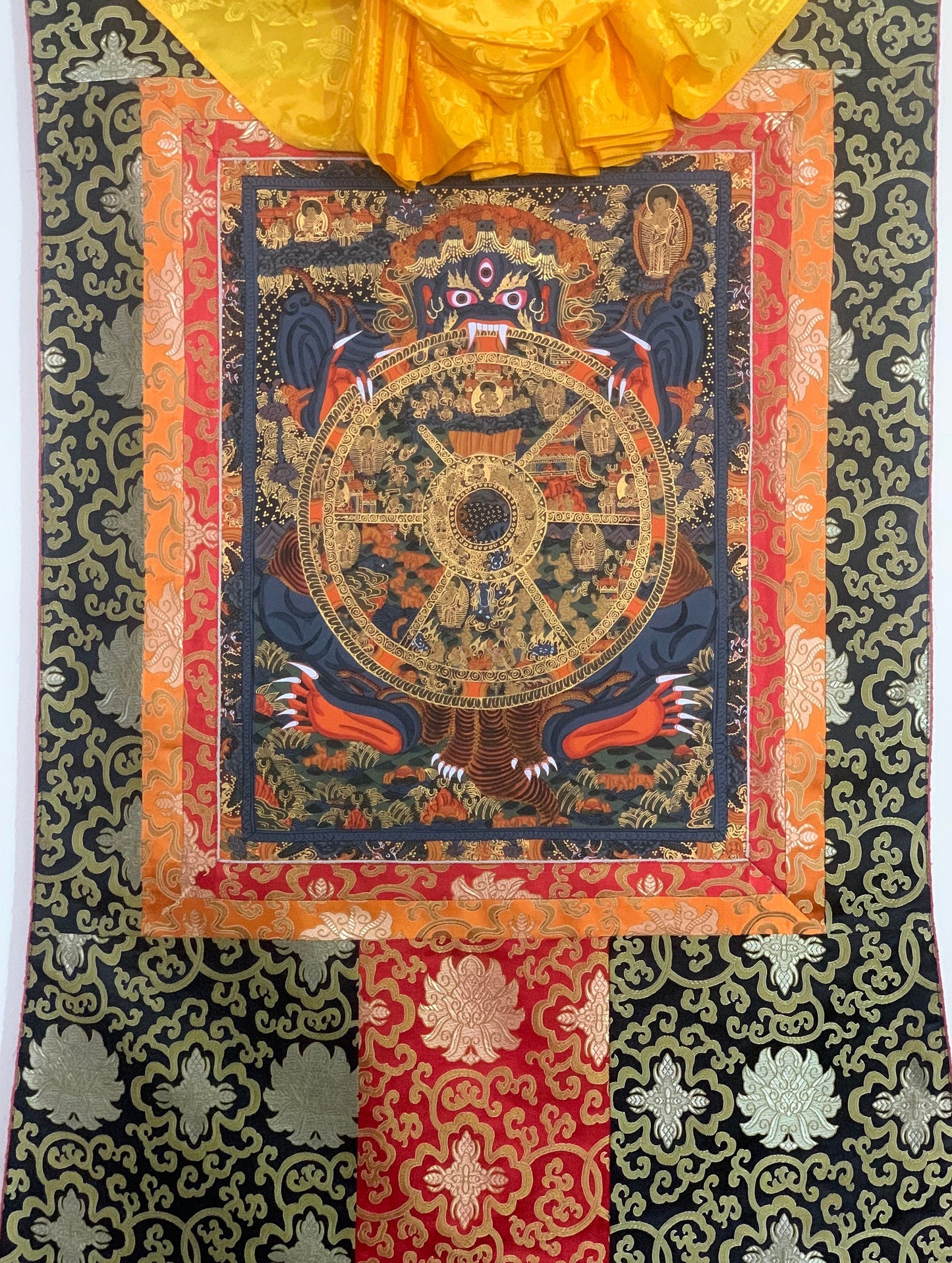 Hand-painted Bhavachakra Mandala, the Buddha Life,  Tibetan Thangka Painting,  with Silk Brocade