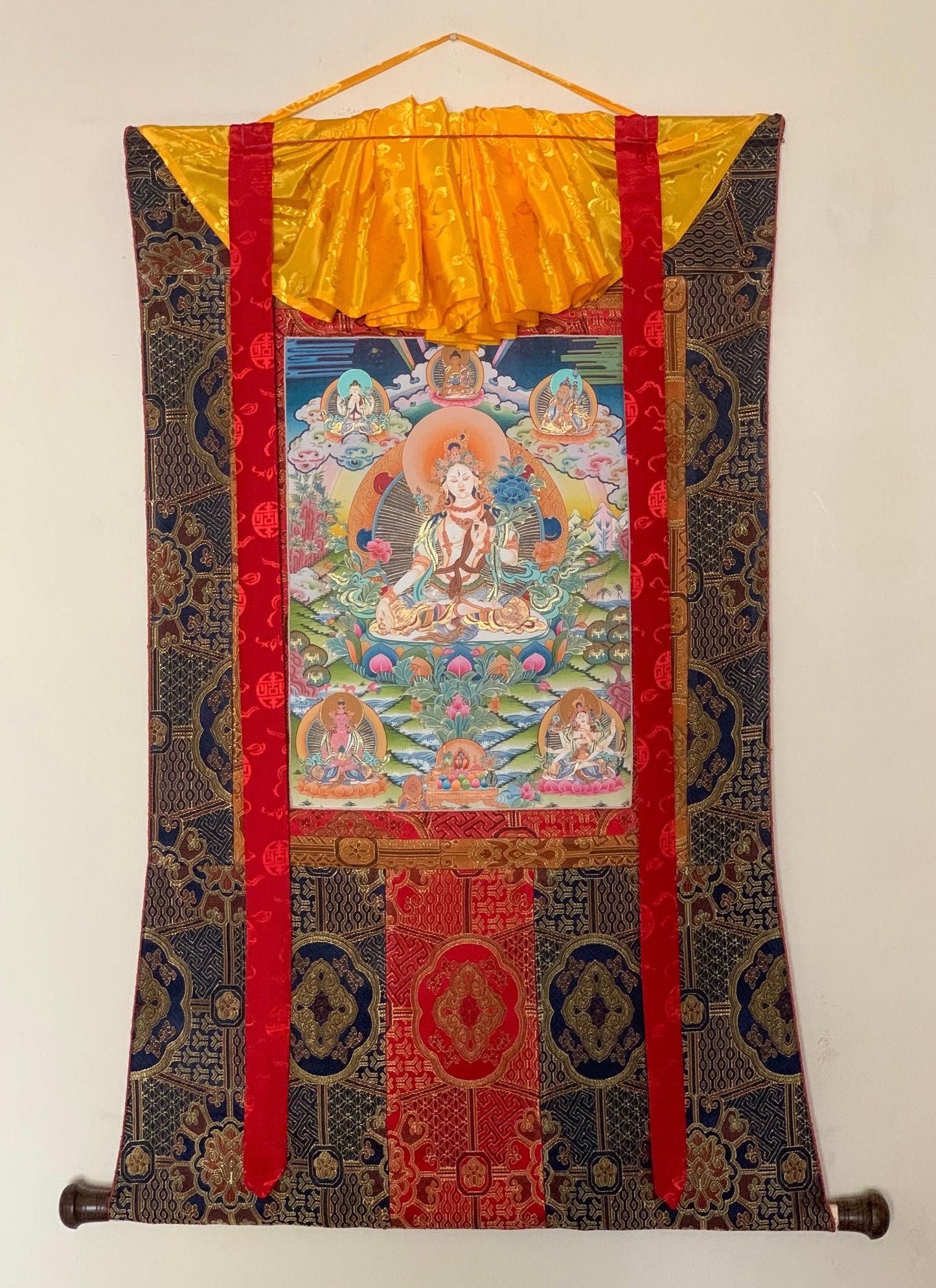 Hand-Painted , White Tara, Mother Goddesses, Rare, Masterpiece, Gold Thangka Painting with premium Silk Brocade