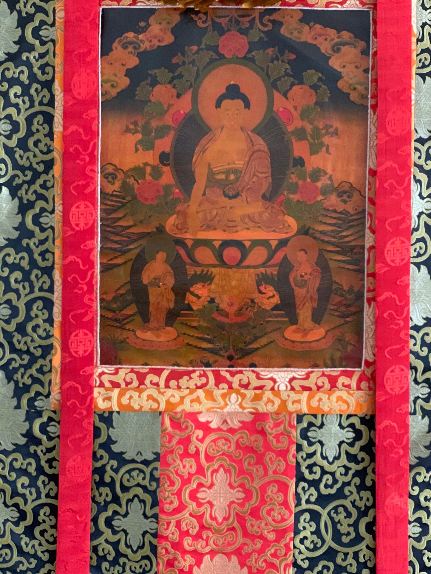 Hand-painted  Shakyamuni, Gautama Buddha, Oil Varnished, Old Thangka with, New Silk Brocade