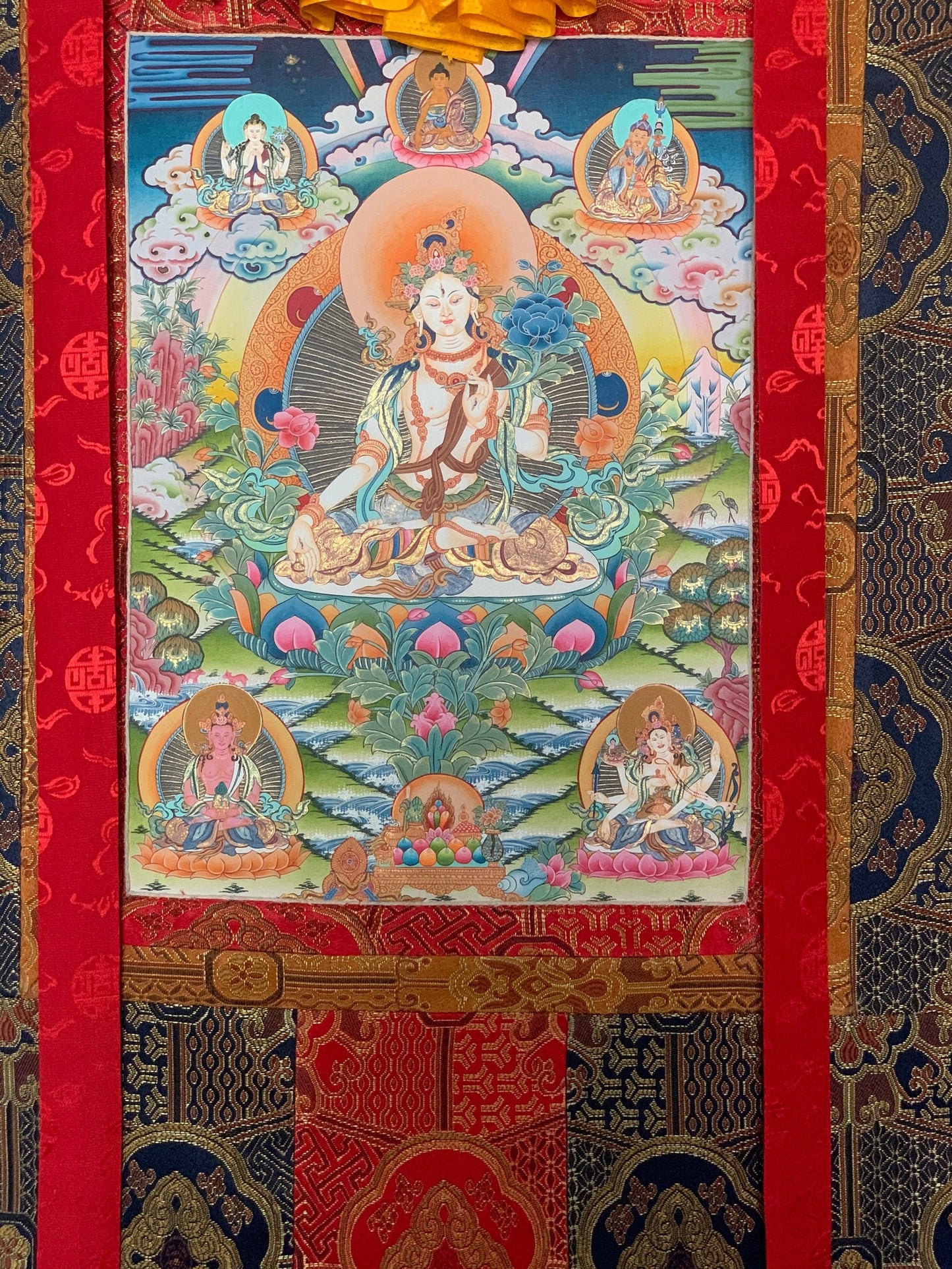 Hand-Painted , White Tara, Mother Goddesses, Rare, Masterpiece, Gold Thangka Painting with premium Silk Brocade