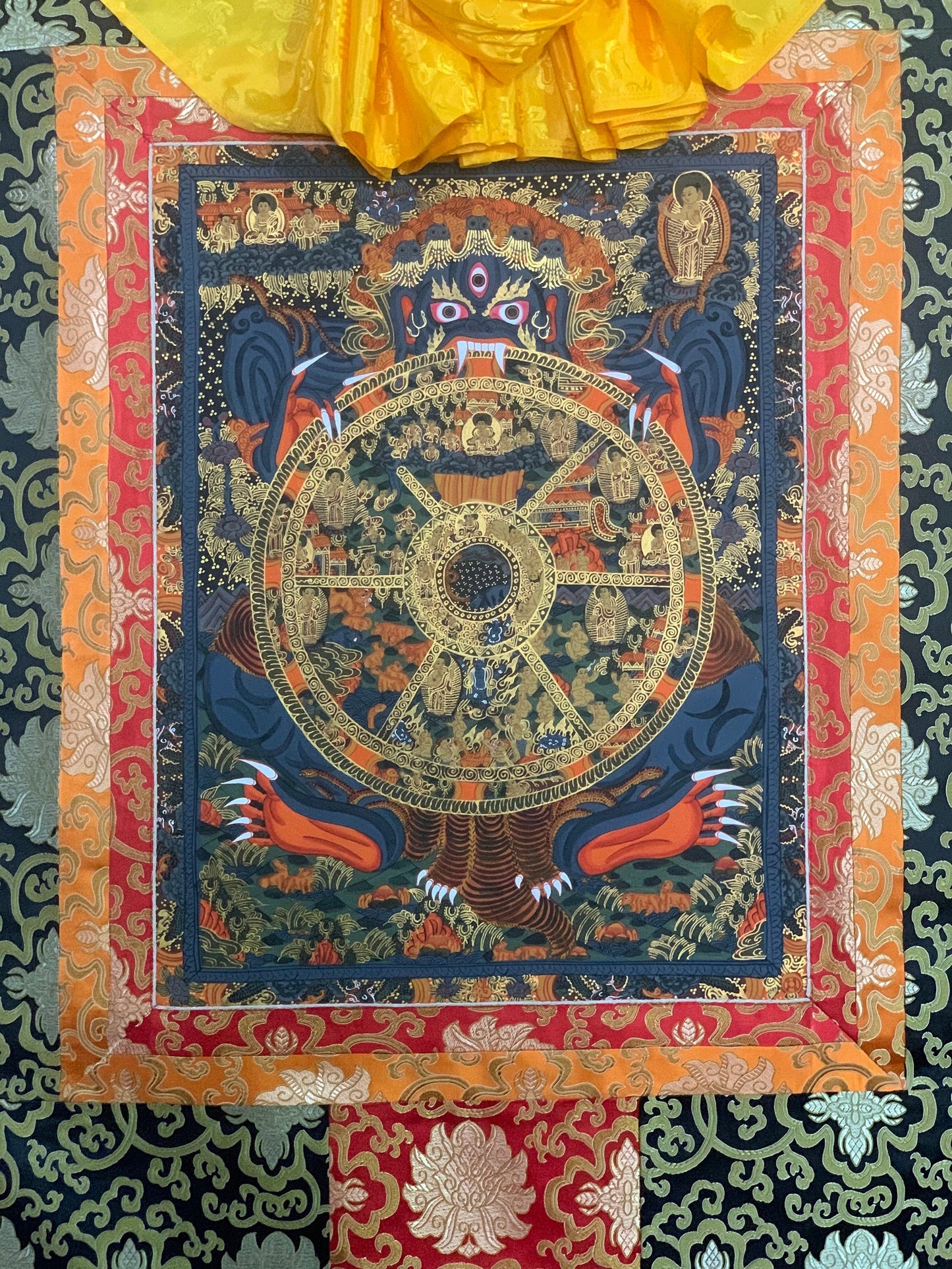 Hand-painted Bhavachakra Mandala, the Buddha Life,  Tibetan Thangka Painting,  with Silk Brocade