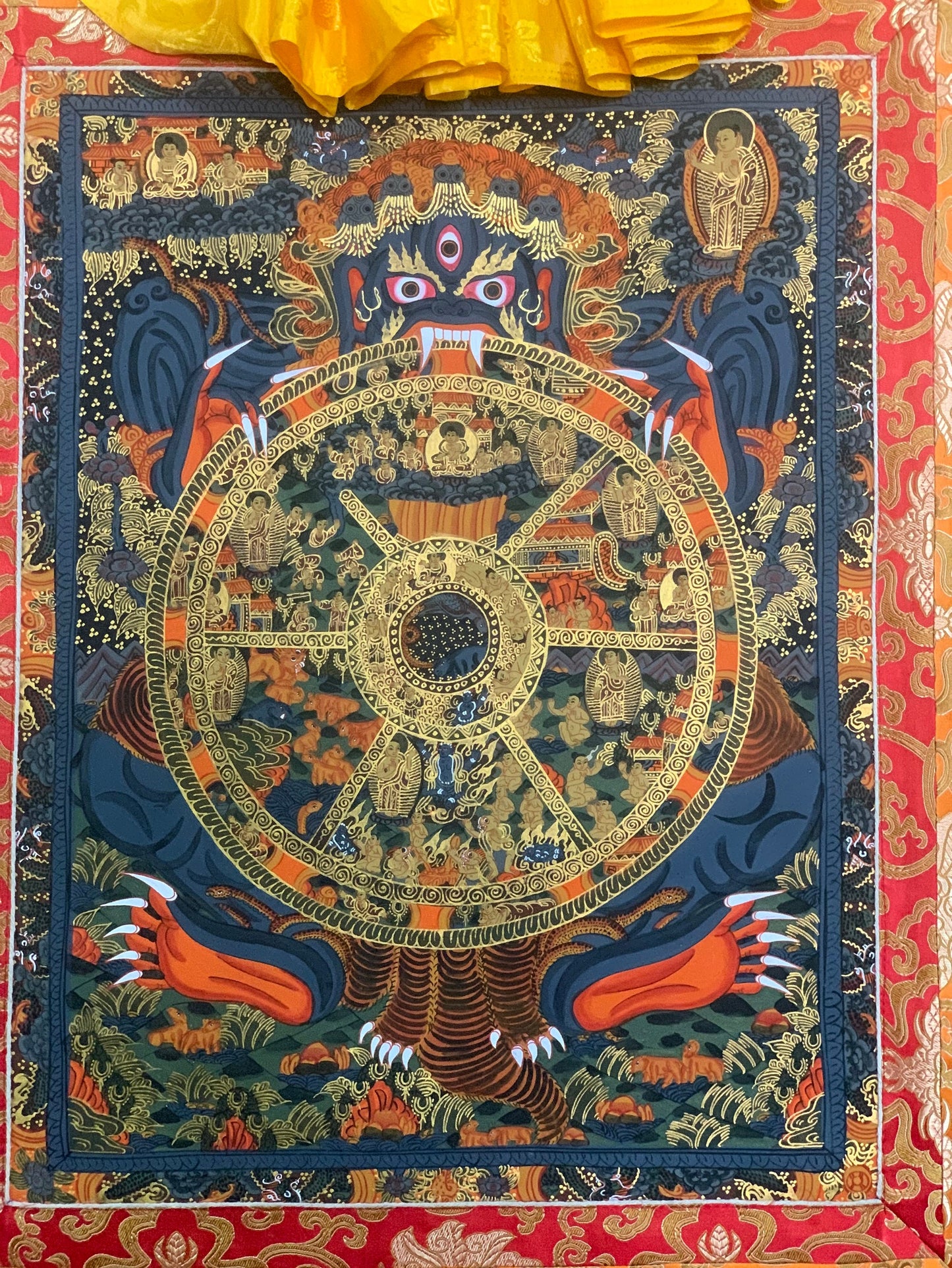 Hand-painted Bhavachakra Mandala, the Buddha Life,  Tibetan Thangka Painting,  with Silk Brocade