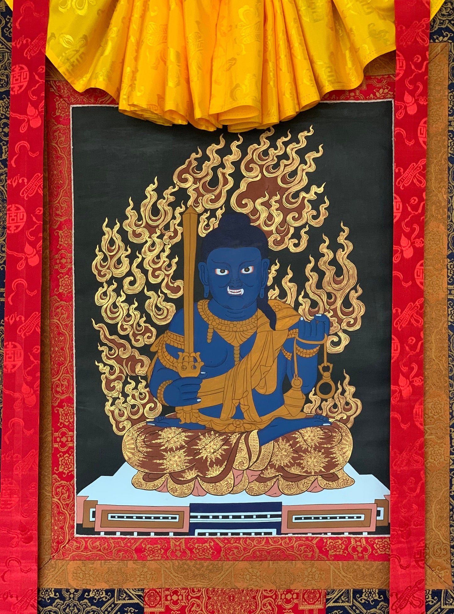 FUDO MYO-O (Acala) (不動明王), Wisdom King, Rare Hand-painted  Originnal Thangka Painting with High-Quality Silk Brocade