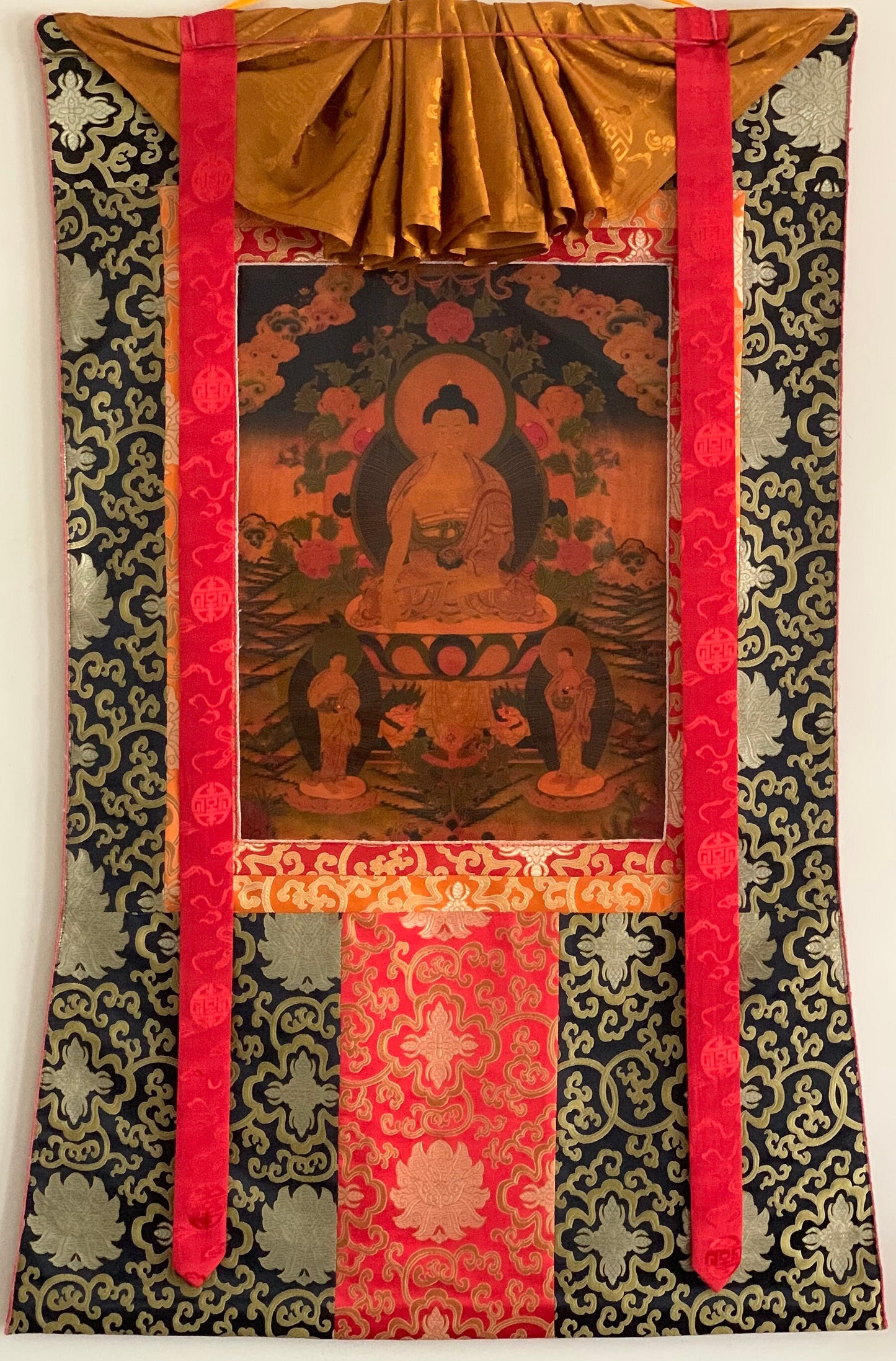 Hand-painted  Shakyamuni, Gautama Buddha, Oil Varnished, Old Thangka with, New Silk Brocade