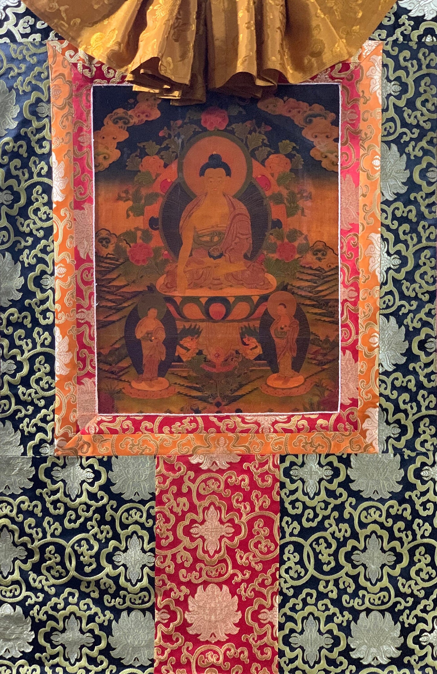 Hand-painted  Shakyamuni, Gautama Buddha, Oil Varnished, Old Thangka with, New Silk Brocade